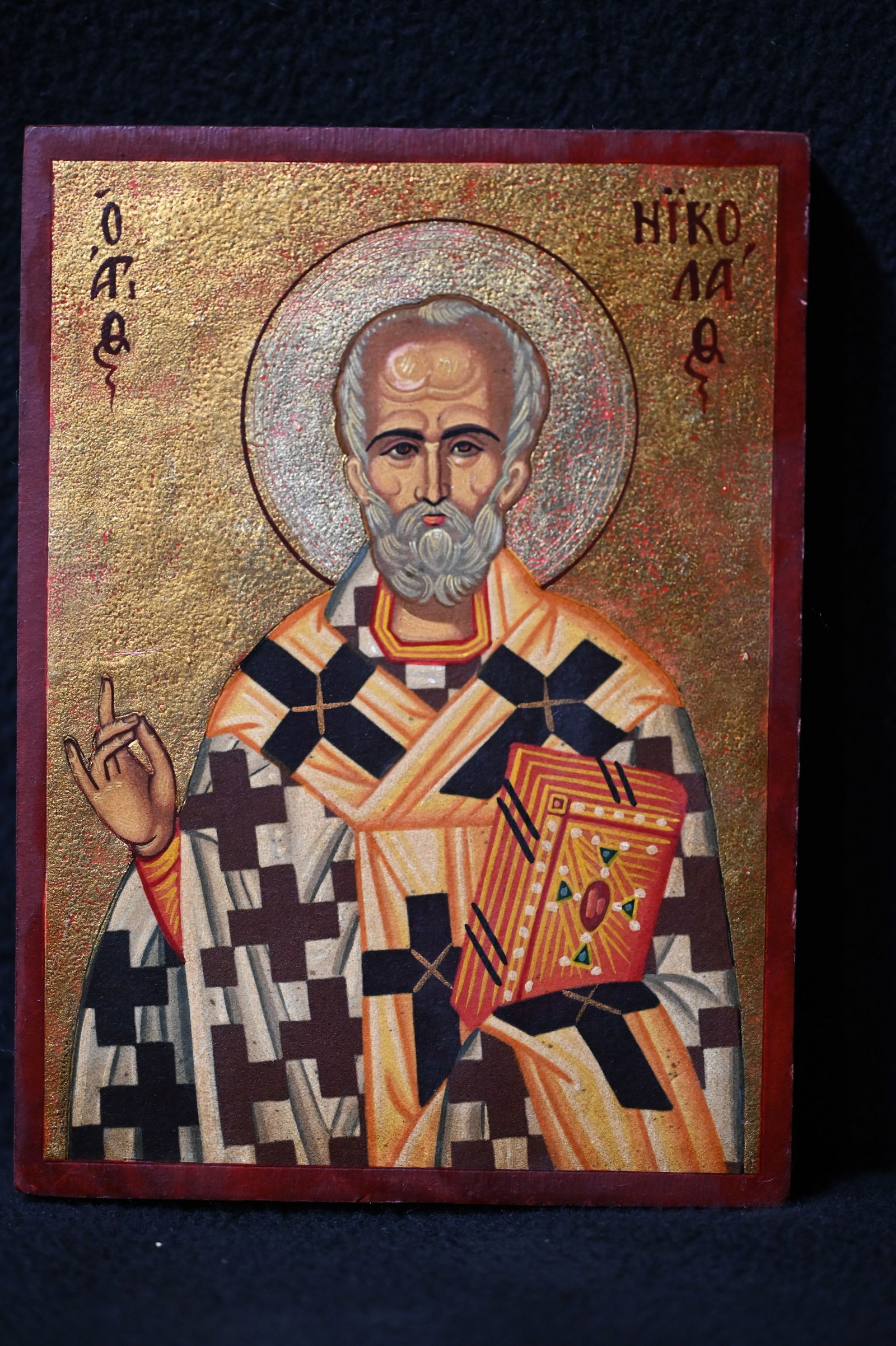 St. Nicholas Byzantine Icon hand painted on a 7/8" wood plank made in accordance with the old recipe: St. Nicholas Byzantine Icon hand painted on a 7/8" wood plank made in accordance with the old recipe as stated by the canon of the religion. Made with egg tempera, gold leaf or gilt on a solid wood pa
