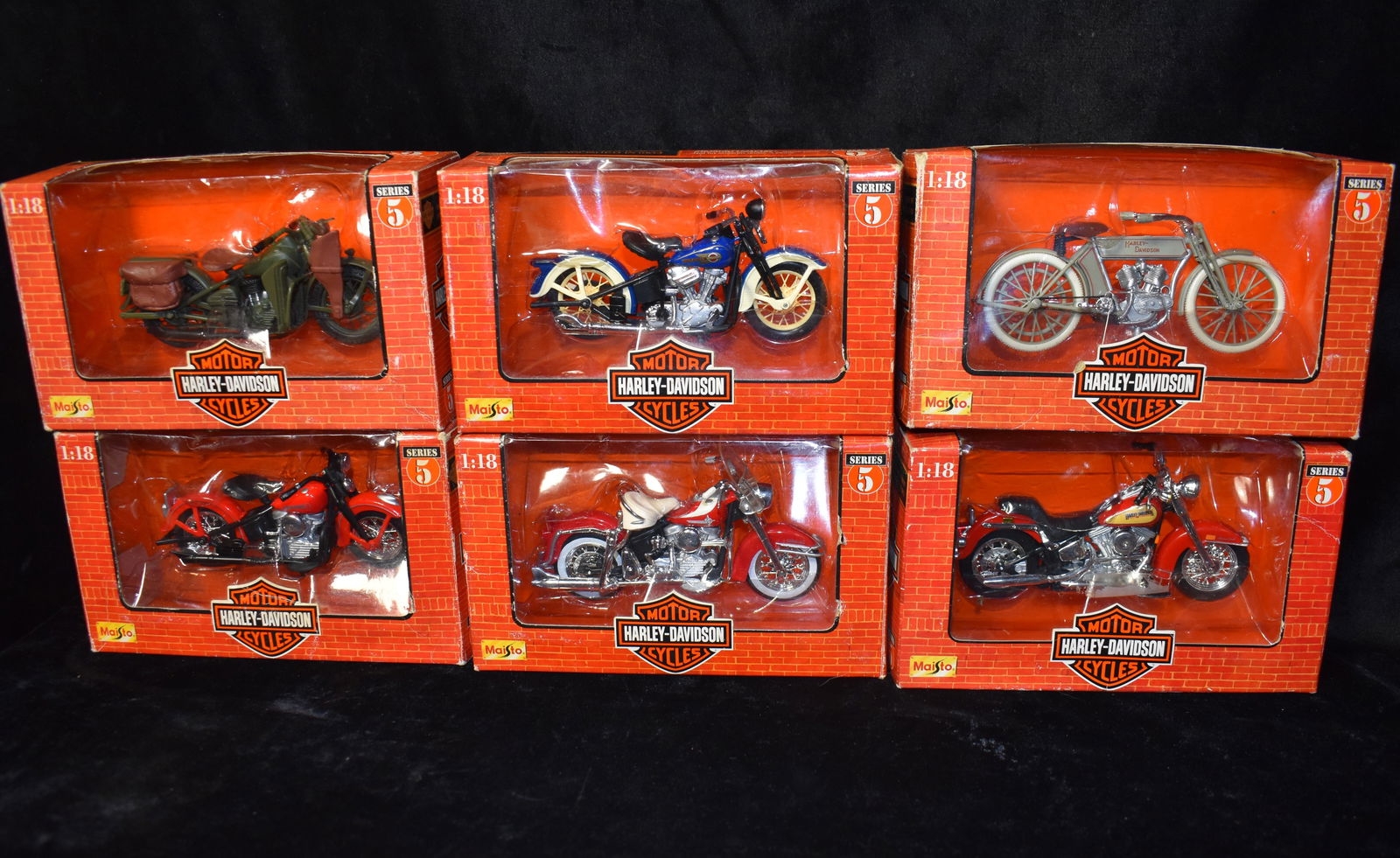 Harley Davidson Cycles Series 5 Diecast Set of 6 1:18 - Maisto 1998: Harley Davidson Cycles Series 5 Diecast Set of 6 1:18 Scale Diecast Motorcycles - Maisto 1998. New in their original boxes. Boxes have some wear. 1909 Twin 5D V-Twin, 1936 EL Knucklehead, 1942 WLA Fla