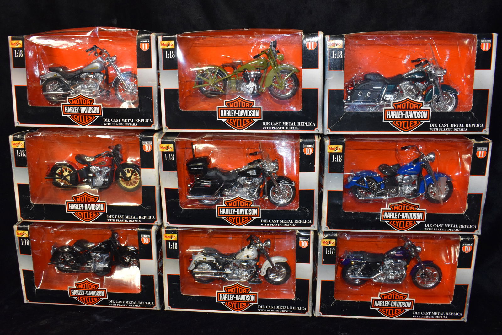 Harley Davidson Cycles Series 10 & 11 1:18 Scale Diecast Motorcycles - Maisto 2000 & 2001: Harley Davidson Cycles Series 10 & 11 1:18 Scale Diecast Motorcycles - Maisto 2000 & 2001. New in their original boxes. Boxes have some wear. From Series 10 - 1936 EL Knucklehead, 1948 FL Panhead, 200