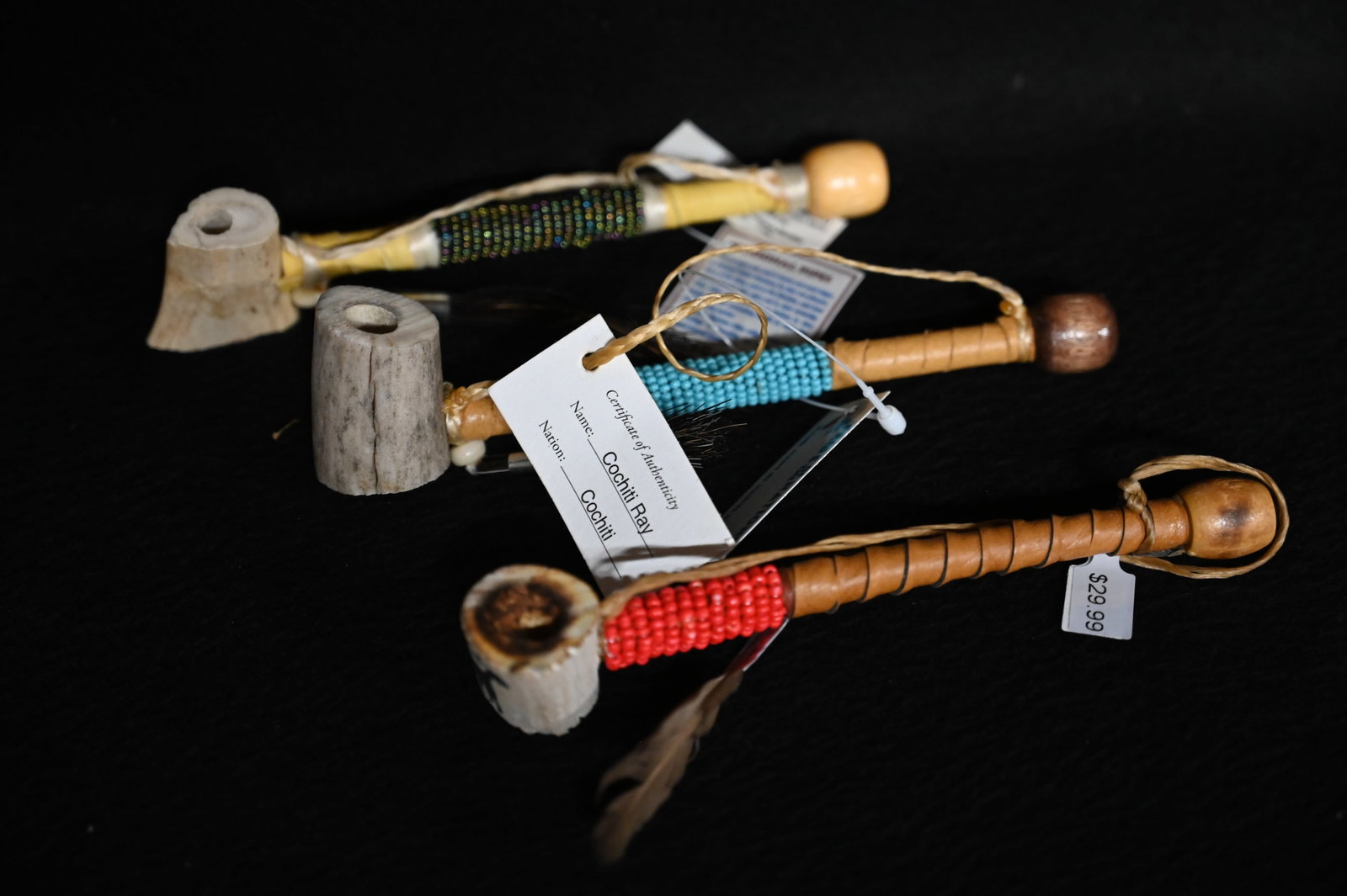 3 Native American Made 6" Pipes with Deer Antler Bowls and Beaded Leather wrapped wood stems Ex:: 3 Native American Made 6" Pipes with Deer Antler Bowls and Beaded Leather wrapped wood stems Ex: Pride of The Nations Store.