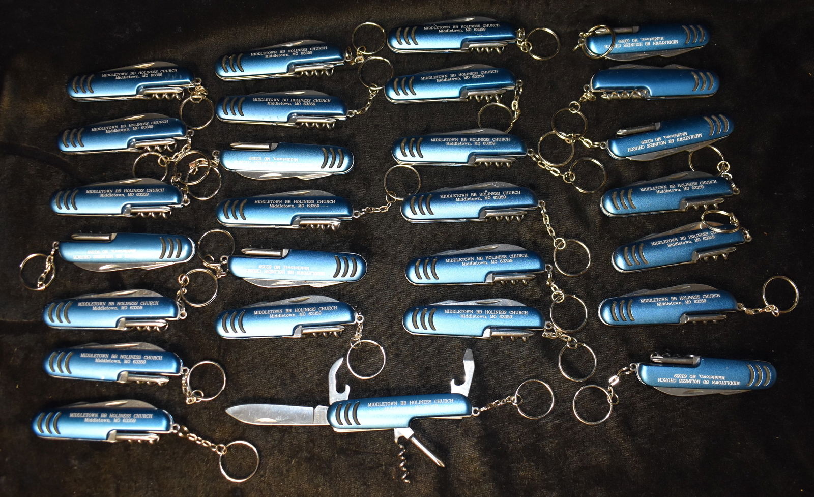 27 Church Multitool Keychain Pocket Knives: 27 Church Multitool Keychain Pocket Knives. Made in China. Handles measure 3 1/2" with blades in. All are new condition/never used.