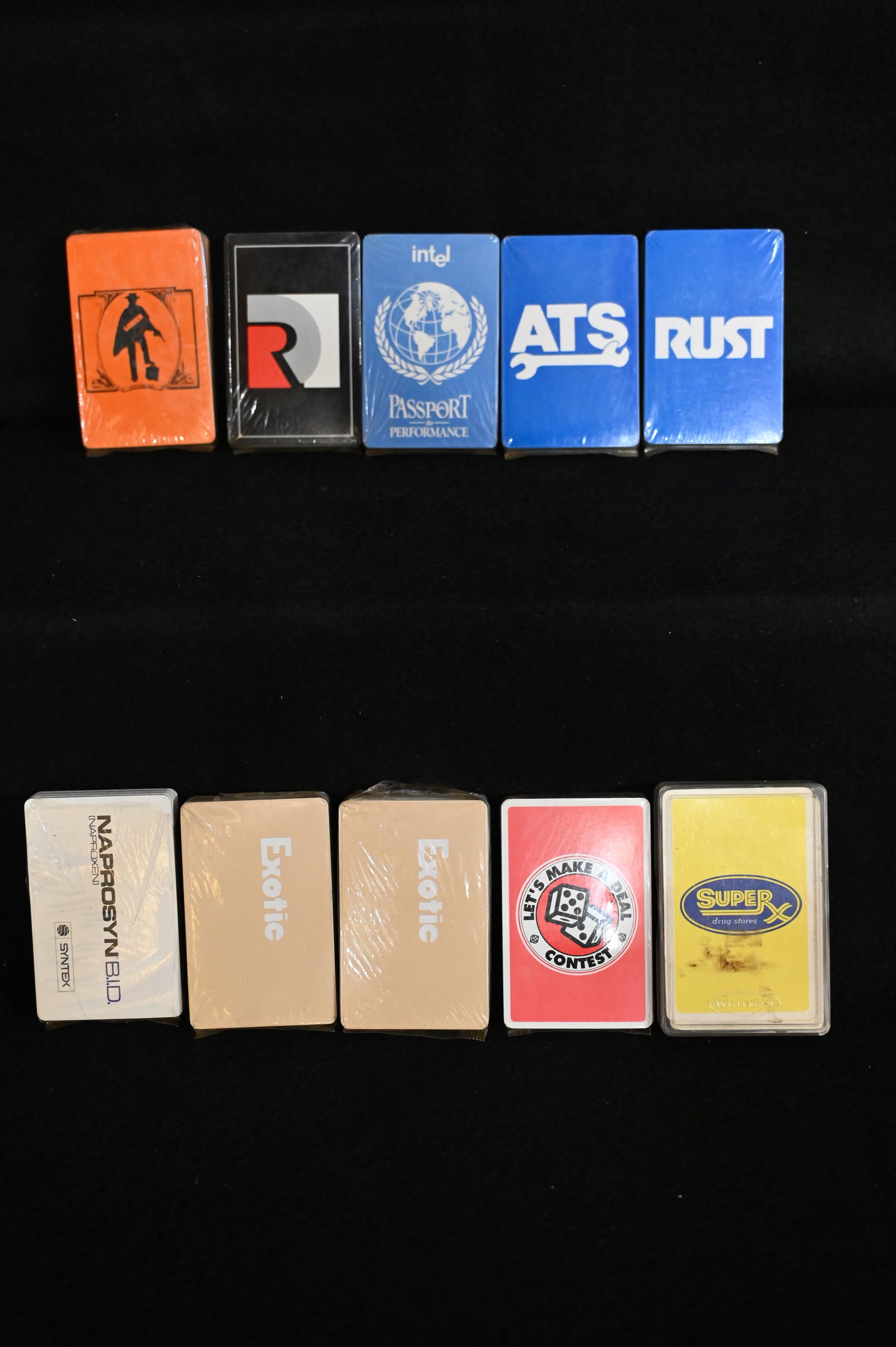 10 Vintage Advertisement Playing Cards Decks all sealed "never used" includes Lanier, SuperX, Intel,: 10 Vintage Advertisement Playing Cards Decks all sealed "never used" includes Lanier, SuperX, Intel, ATS, RUST, Exotic, and more.