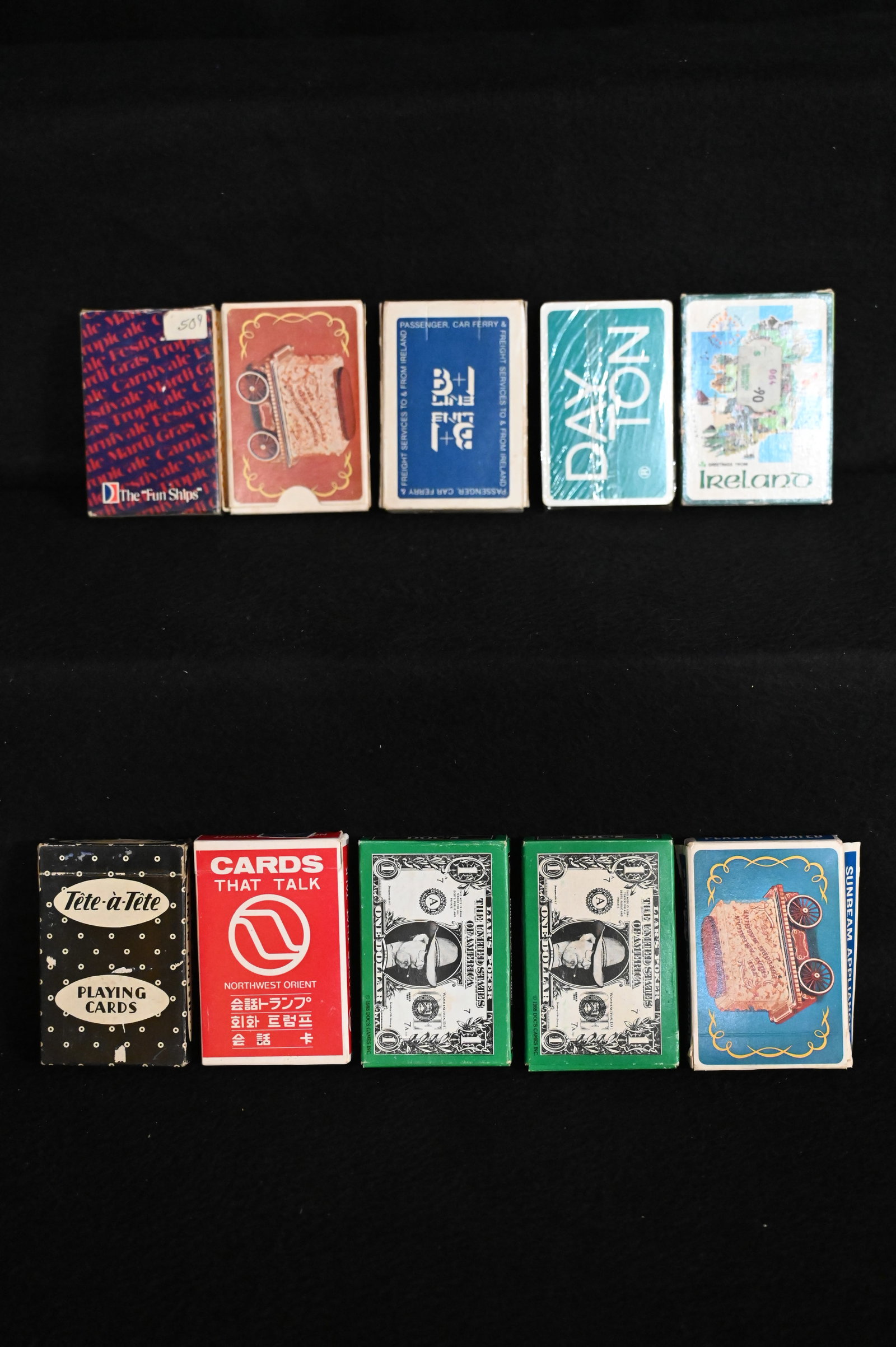 10 Vintage Playing Cards Decks some Advertisement includes Sunbeam Appliances, John Hinde Ireland,: 10 Vintage Playing Cards Decks some Advertisement includes Sunbeam Appliances, John Hinde Ireland, Dayton, Doc's, Northwest Orient, Tete-a-Tete, B+1 Line, and Carnival.