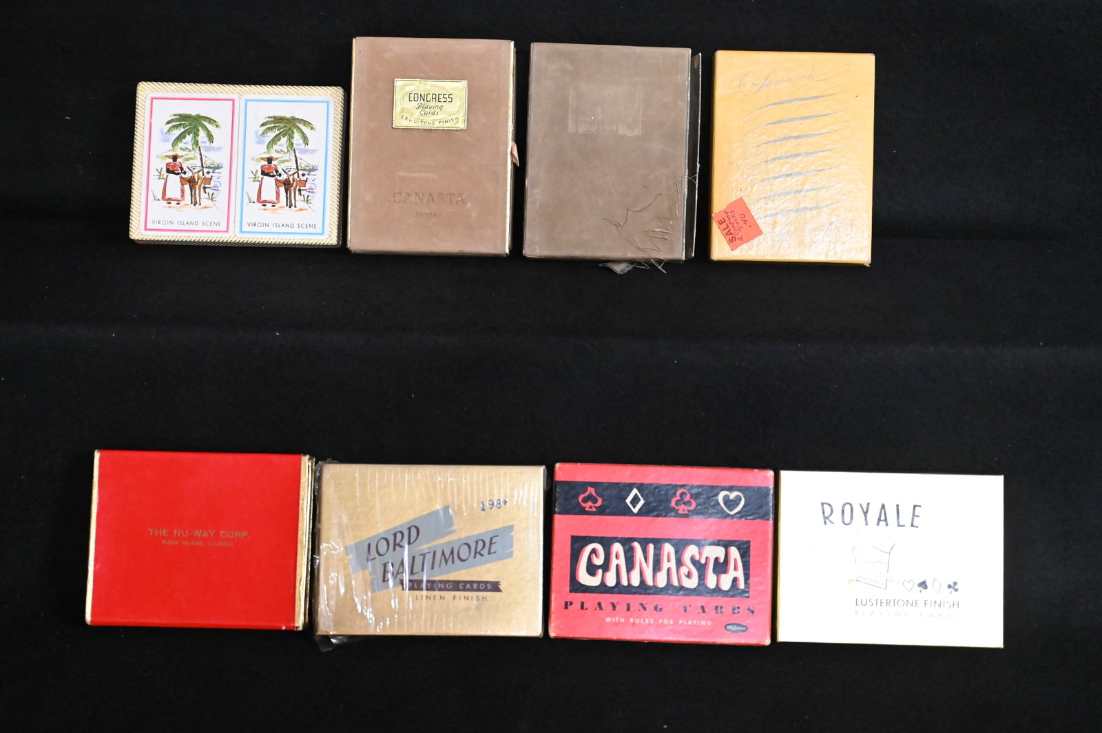 8 Vintage 2 Deck Advertisement Playing Cards includes Samsonite, Victorian American Beauty, Quadriga: 8 Vintage 2 Deck Advertisement Playing Cards includes Samsonite, Victorian American Beauty, Quadriga Cloth, Virgin Islands, Royale Heines Publishing Co., Congress, Lord Baltimore, and The Nu-Way Corp.