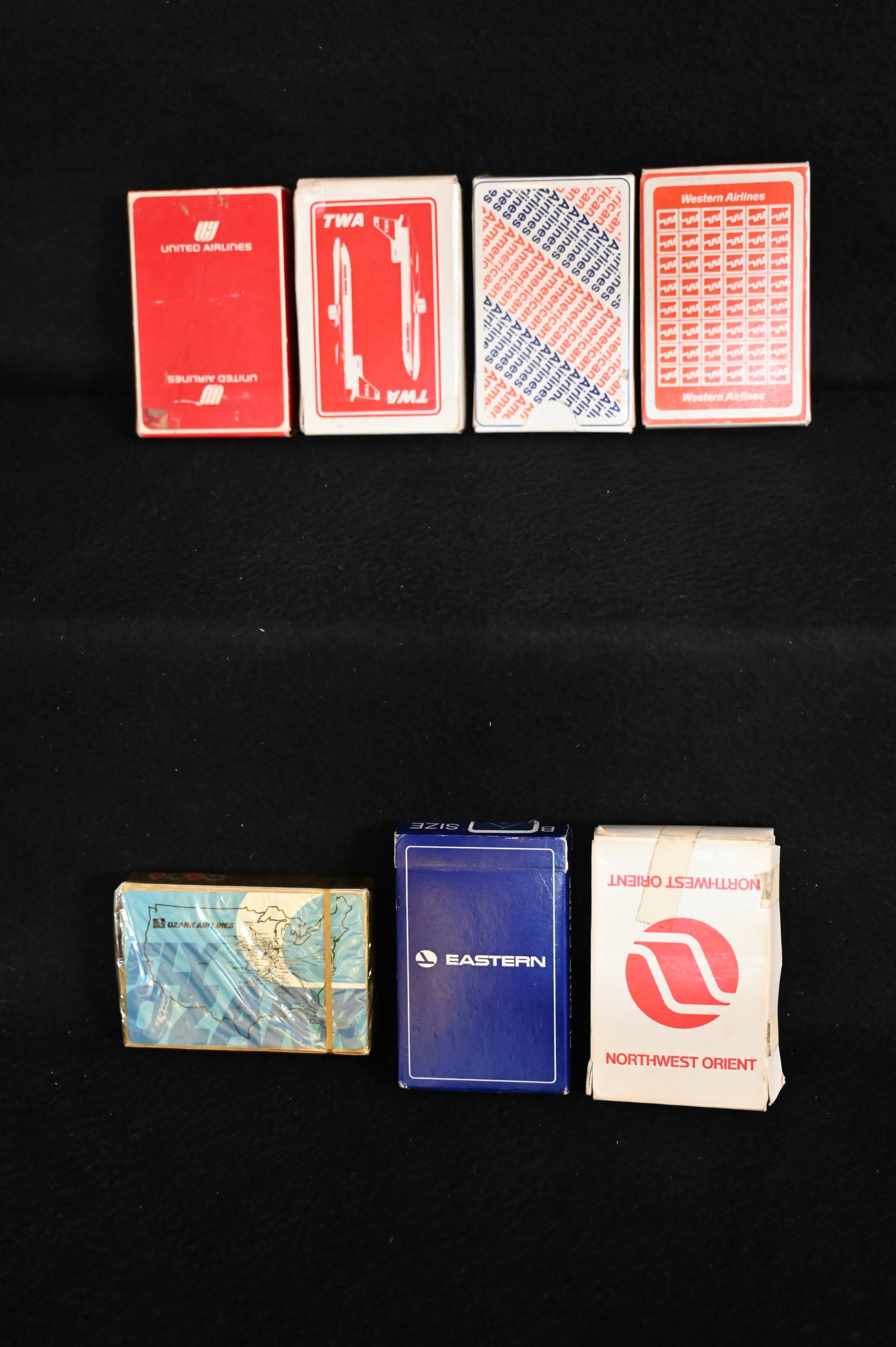7 Decks of Vintage Airlines Playing Cards includes American Airlines, Western, Eastern, Northwest: 7 Decks of Vintage Airlines Playing Cards includes American Airlines, Western, Eastern, Northwest Orient, Ozark, United Airlines, and TWA.
