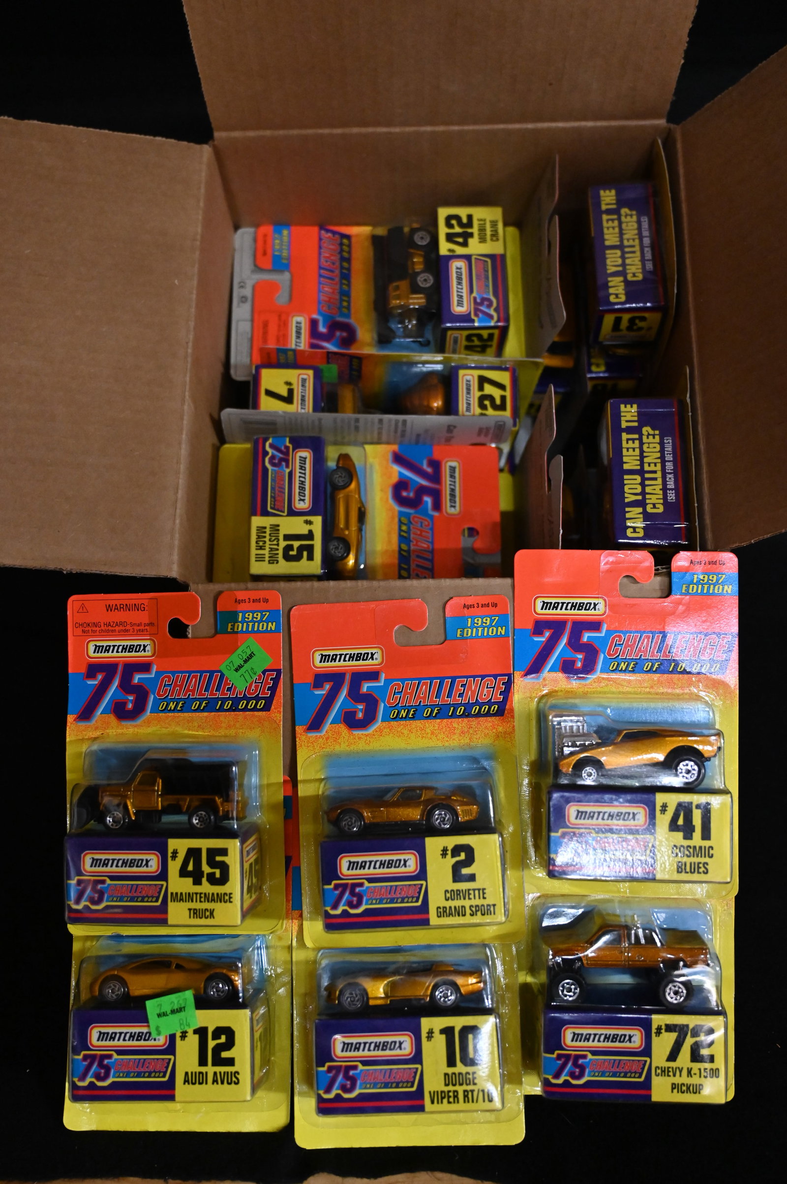 1997 Matchbox 75 Challenge Assortment contains 24 cars. All cars are brand new and in their: 1997 Matchbox 75 Challenge Assortment contains 24 cars. All cars are brand new and in their original card. We made sure the number of cars was correct and did not search through them.