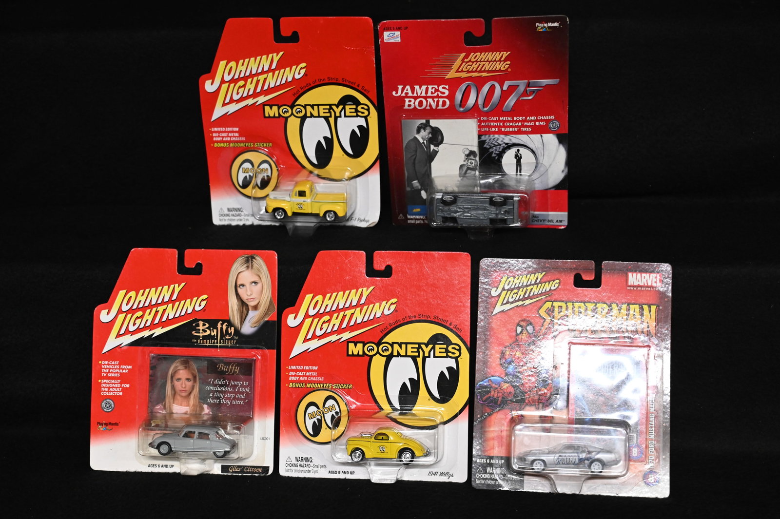 5 Johnny Lightning 1999-2004 Die Cast Cars includes James Bond, Buffy The Vampire Slayer, Spiderman,: 5 Johnny Lightning 1999-2004 Die Cast Cars includes James Bond, Buffy The Vampire Slayer, Spiderman, and Mooneyes.