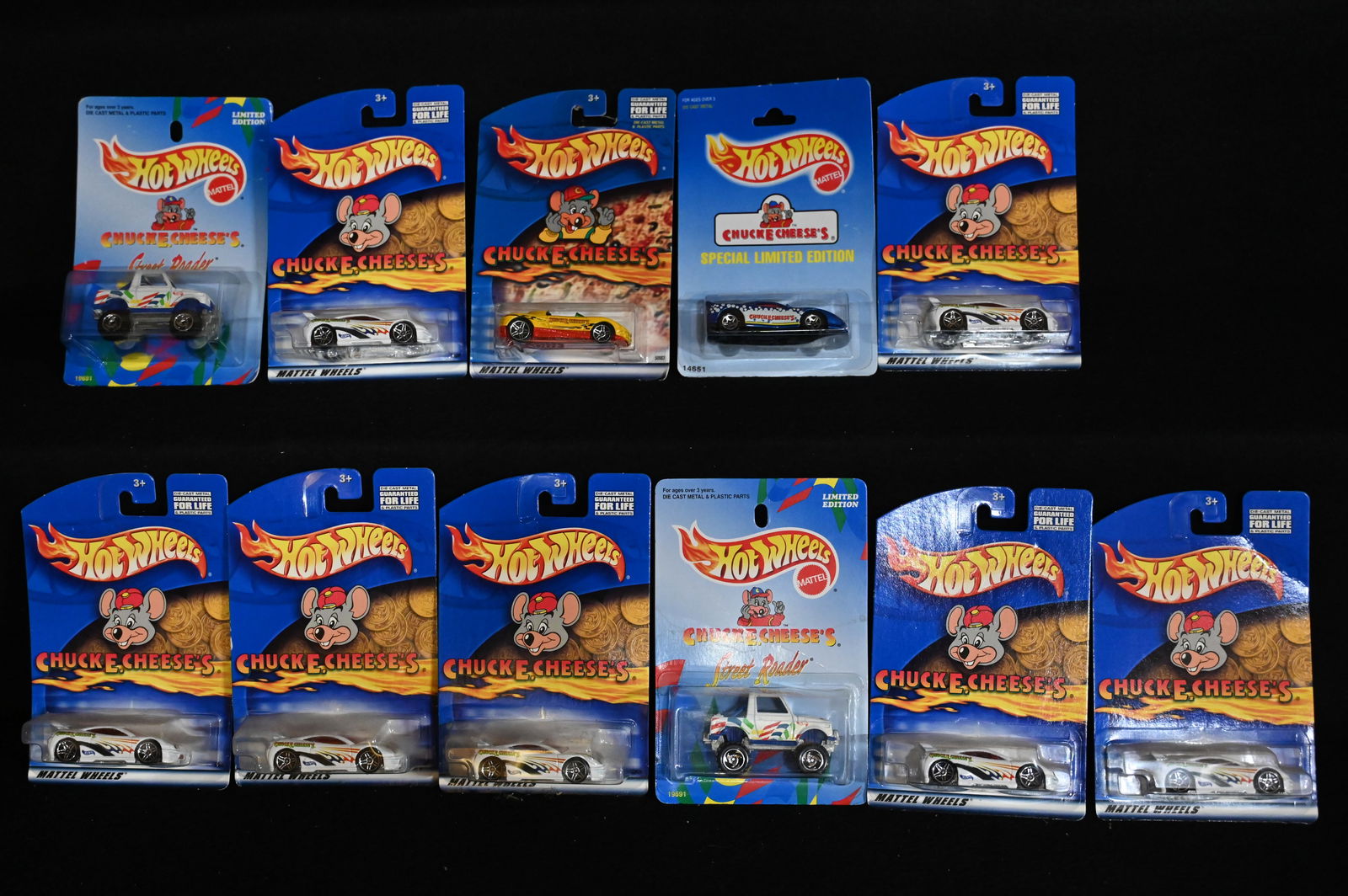 11 Hot Wheels Chuck E Cheese's Cars and trucks 1997-2001 in brand new condition.: 11 Hot Wheels Chuck E Cheese's Cars and trucks 1997-2001 in brand new condition.