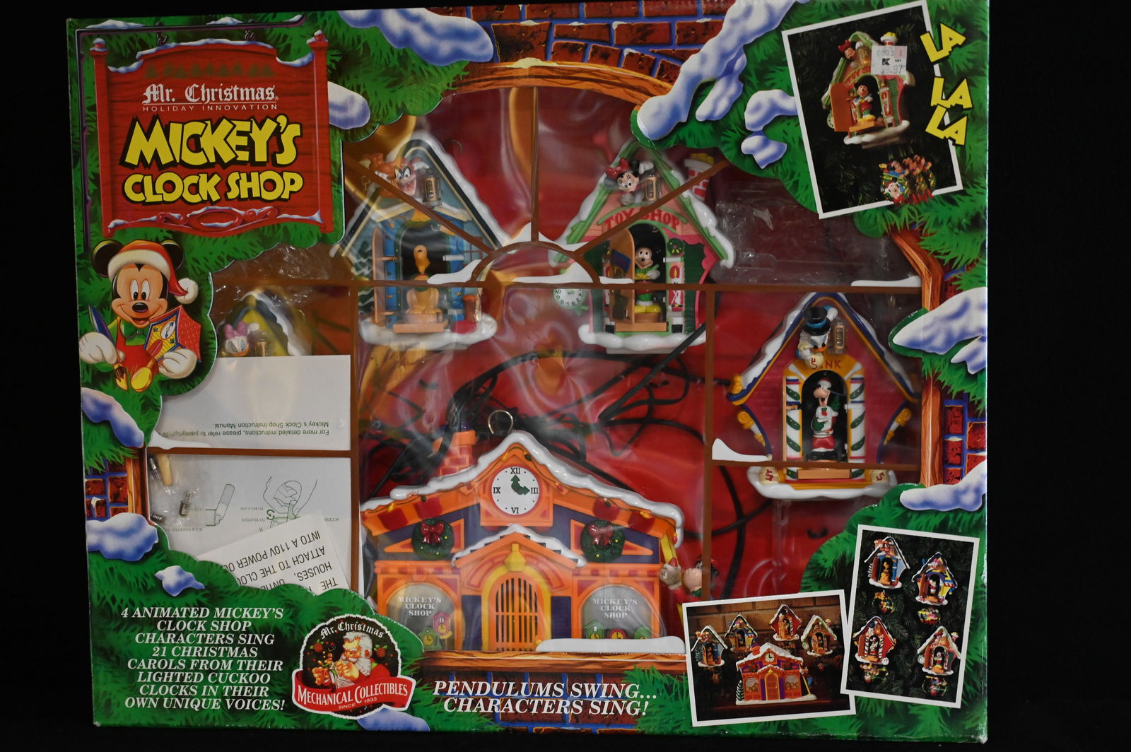 Mickey's Clock Shop by Mr. Christmas Mechanical Collectibles 1993. 4 animated characters sing 21: Mickey's Clock Shop by Mr. Christmas Mechanical Collectibles 1993. 4 animated characters sing 21 Christmas Carols from their lighted cuckoo clocks in their own unique voices. In brand new condition.