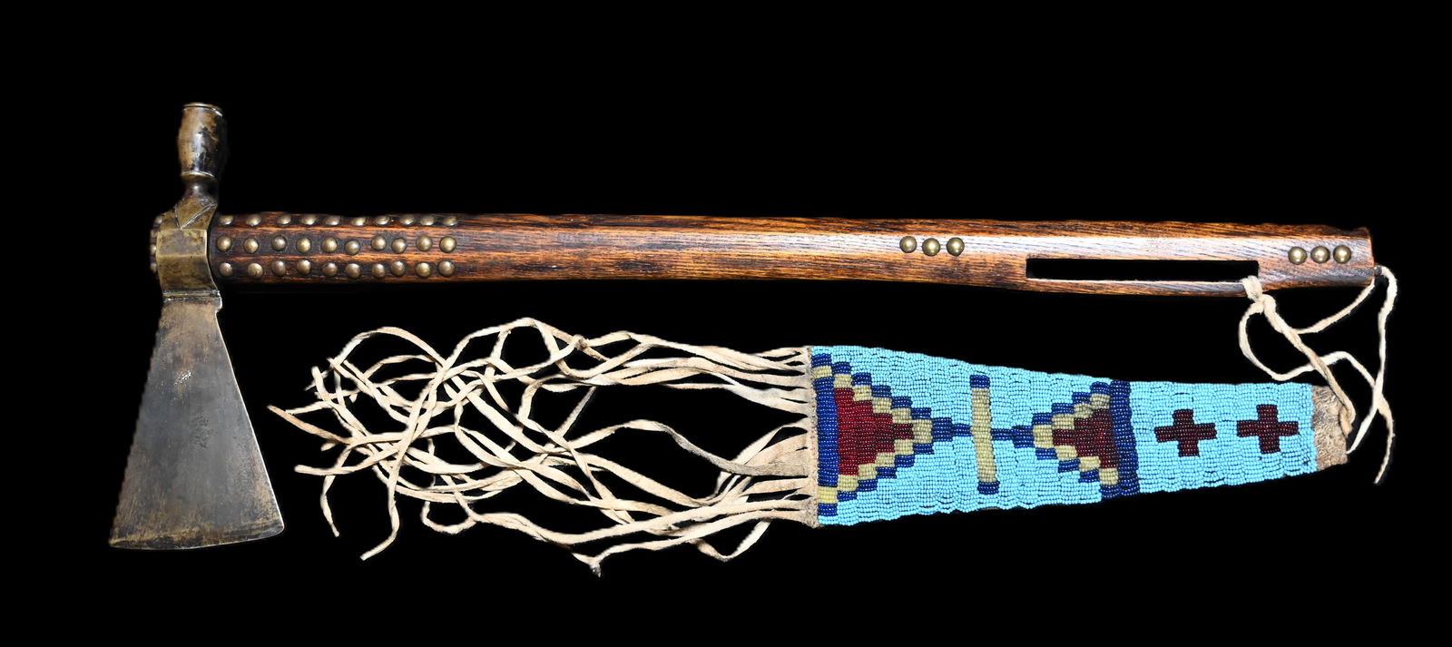 24 1/2" Brass Tomahawk Pipe with Beaded Drop.  19th Century brass tacked with a rare brass head. (1 of 13)