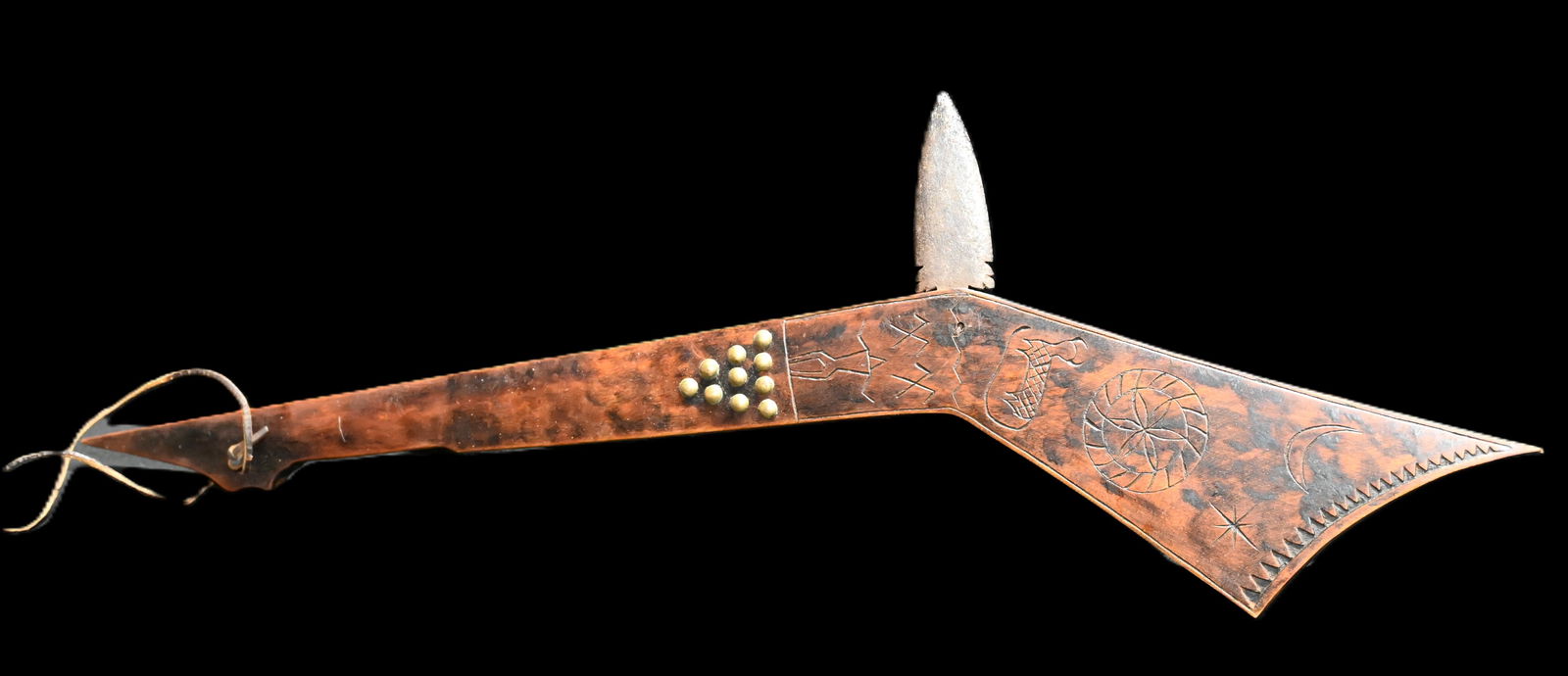 28" Pictorial Gunstock War Club.  Carved Moon and Stars with People and Animals.  Brass Tacked with (1 of 11)