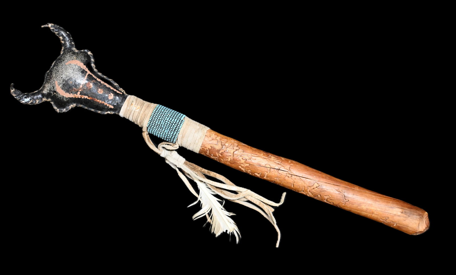 15 1/4" Western Plains Leather Buffalo Rattle with beaded and fether drop on the handle. (1 of 6)