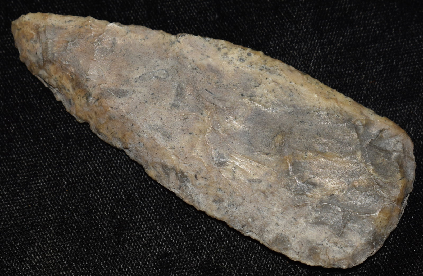 3 5/8" Choteau Chert Heavily Beveled Blade - Highly Developed found in Johnson County, Missouri: 3 5/8" Choteau Chert Heavily Beveled Blade - Highly Developed found in Johnson County, Missouri. Finely flaked with a very intentionally torqued/twisted knife blade. The Base is steeply beveled and li