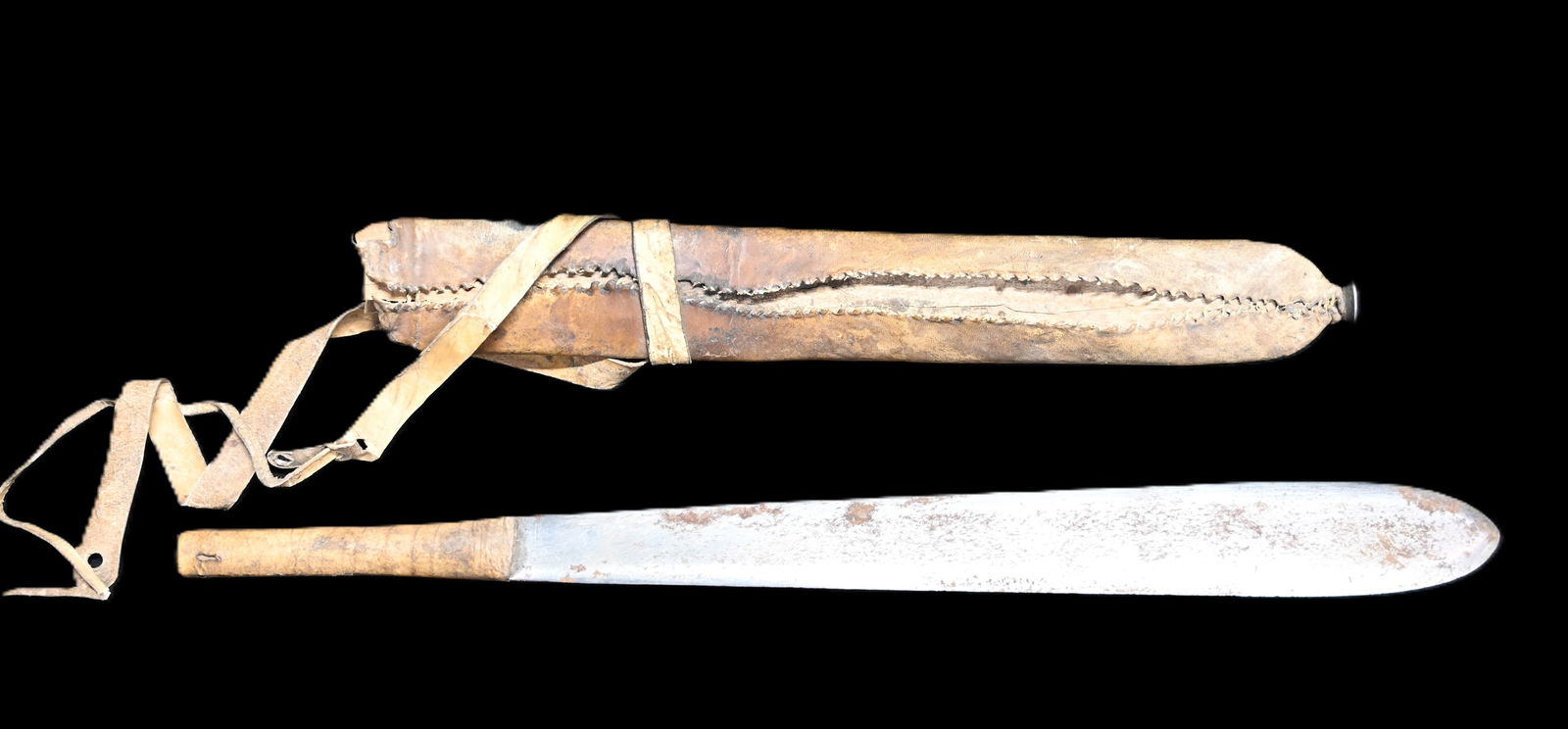 19 1/4" West African Machete and Sheath with leather wrapped handle and leather sheath. (1 of 9)