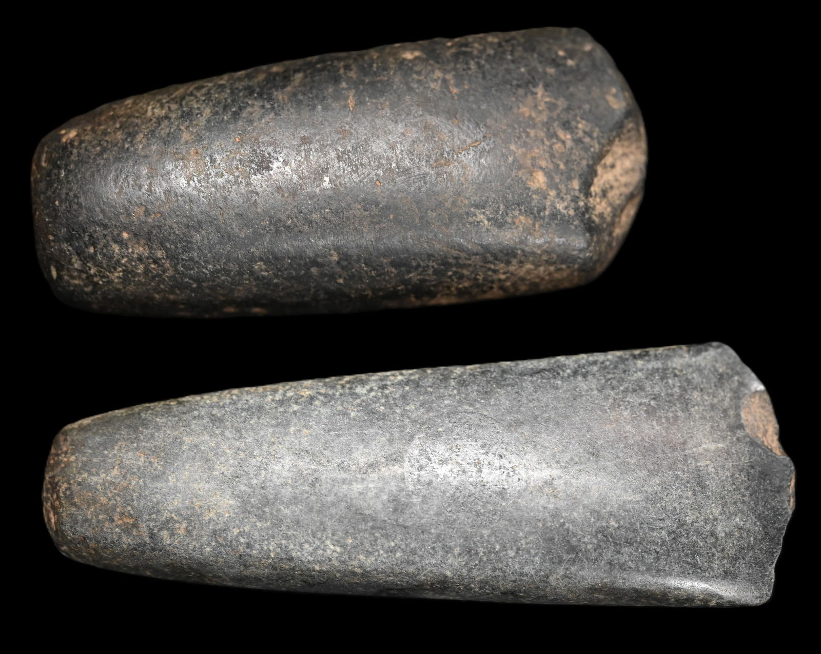 Jade and Basalt Pre-Columbian Celts longest is 6 3/8" both have damage Ex: Tom Moxley Collection. (1 of 8)