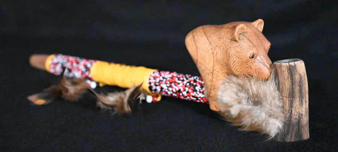 19" Bear Effigy Pipe Native American Made Beaded and leather wrapped stem. A usable pipe made by (1 of 8)