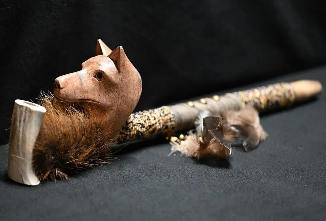 17" Native American Made Beaded Pipe with Turkey Feather Drops and Coyote Fur. Elk antler pipe bowl (1 of 6)