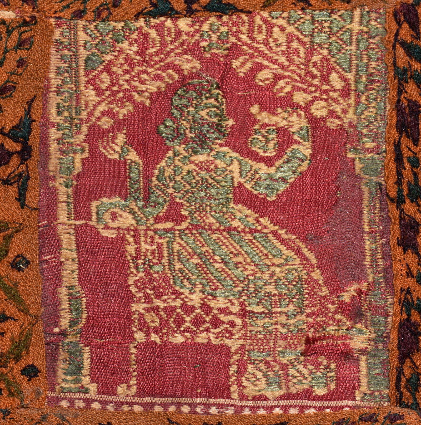 200 Year Old Pakistani (Mughal) Textile - Noble Woman Seated: 200 Year Old Pakistani (Mughal) Textile - Noble Woman Seated. Textiles from the Mughal period, which includes regions of present-day Pakistan, often featured the use of gold thread. The Mughals were k