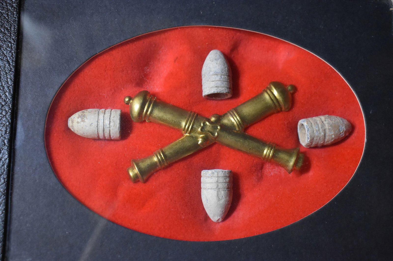 4 Civil War Era 3 Ring Lead Bullets w/ Brass Hat Insignia in a Frame (1 of 3)