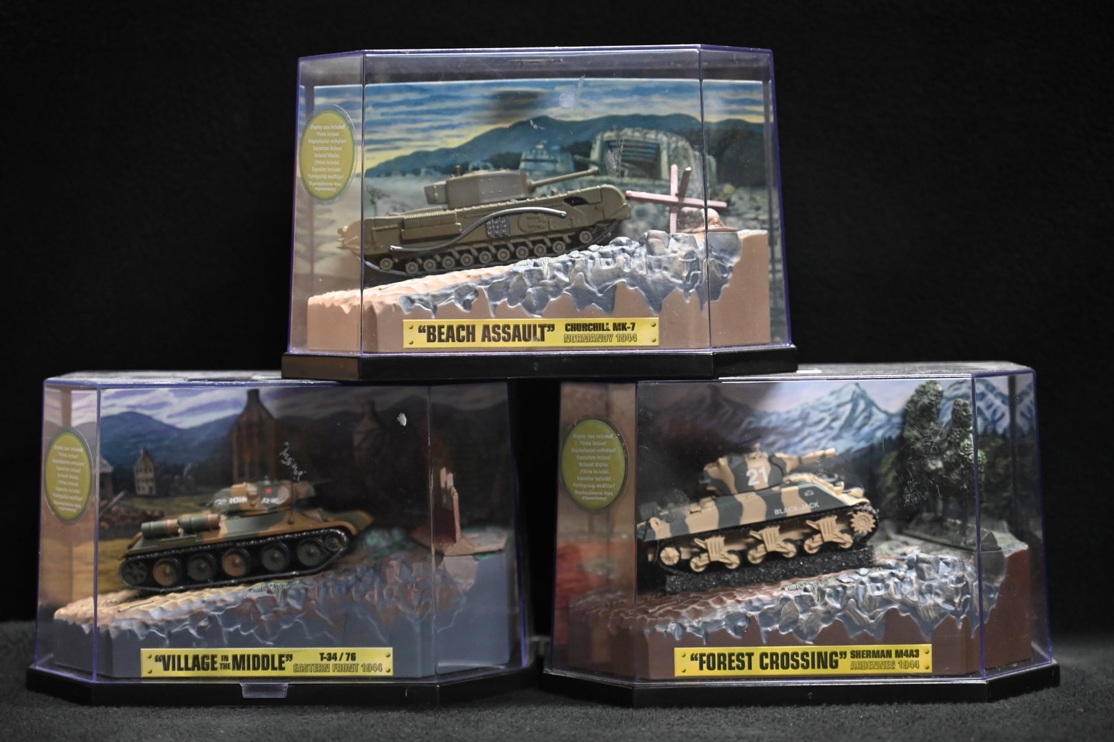 3 Matchbox Collectables Tank Scenes. Beach Assault, Forest Crossing, and Village Middle. Produced: 3 Matchbox Collectables Tank Scenes. Beach Assault, Forest Crossing, and Village Middle. Produced by Matel in 2001 and in Great Condition.