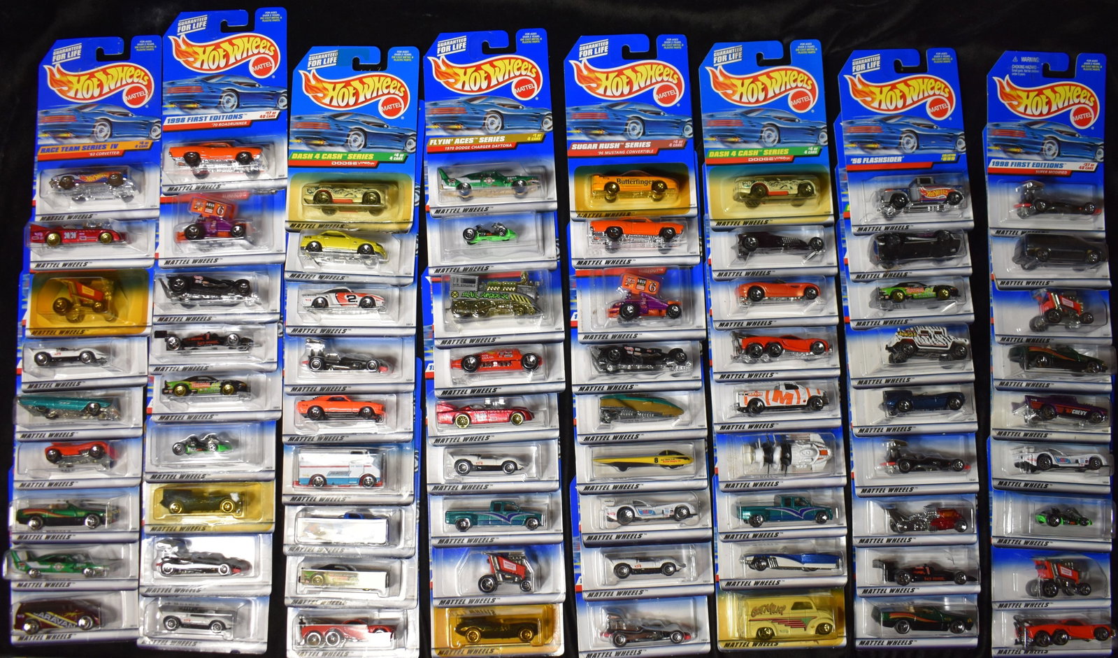 1997 Mattel Hot Wheels Assortment - 72 Cars 1:24 Scale Diecast: Vintage Mattel Hot Wheels Assortment contains 72 cars. All cars are brand new and in their original card. Diecast cars in this lot were made in 1997 and were likely on the shelves in stores in 1998.