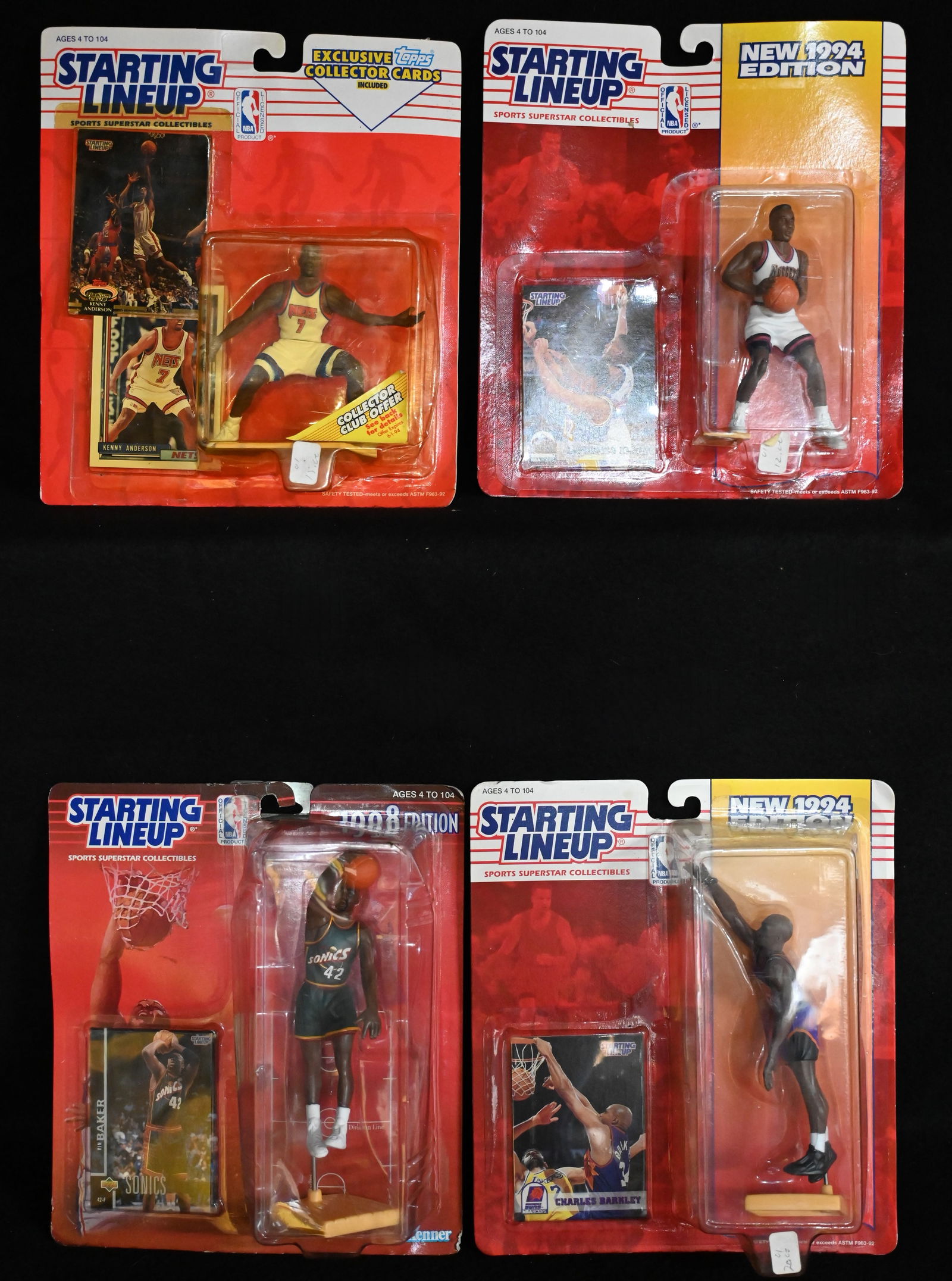4 Starting Lineup 1993-1998 NBA Sports Figures includes Charle Barkley, Vin Baker, Kenny Anderson, (1 of 5)