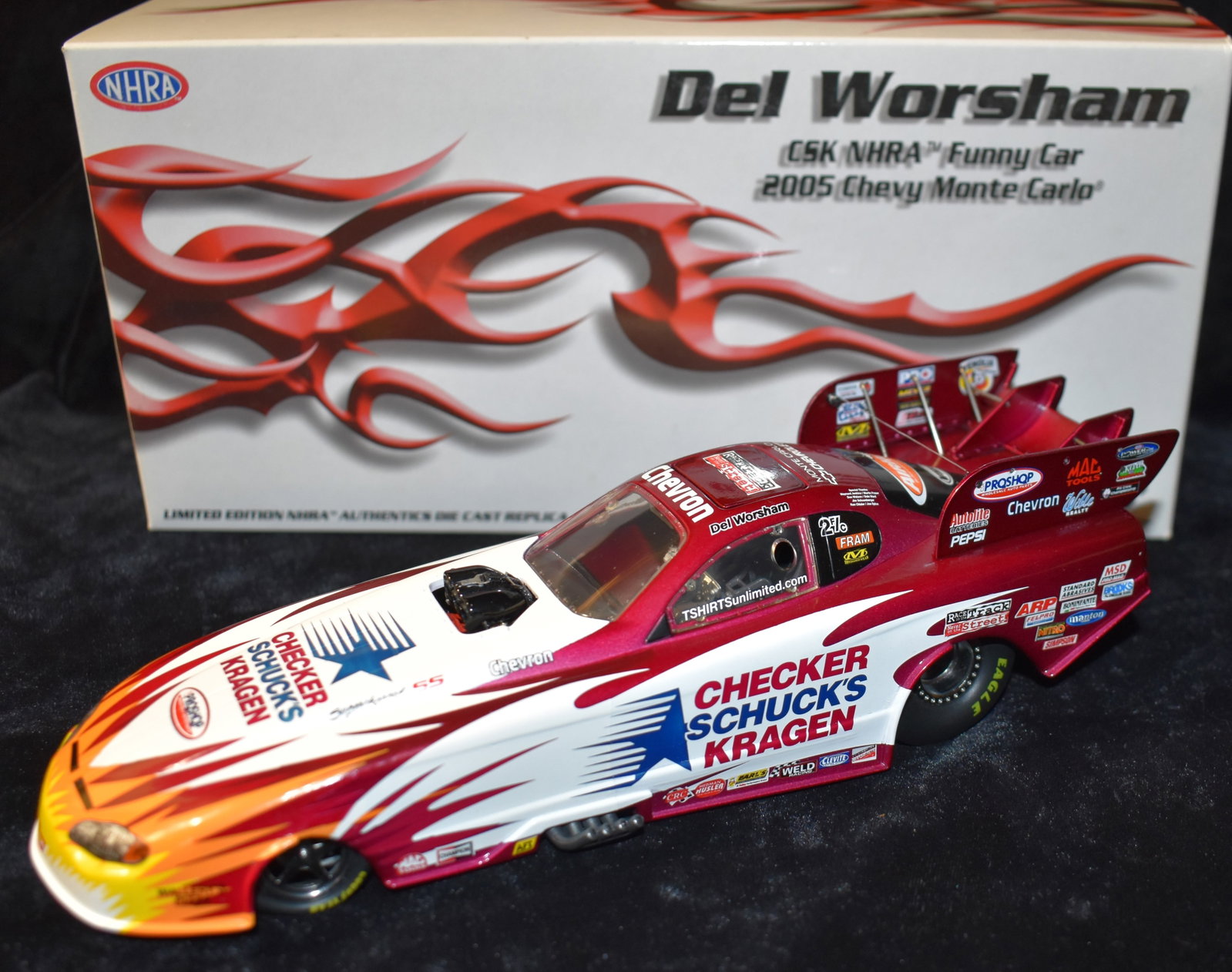 2005 Del Worsham Checker Schuck's Kragen Diecast 1:24 scale Funny Car - 1 of 1500: 2005 Del Worsham Checker Schuck's Kragen Diecast 1:24 scale Funny Car - 1 of 1500. New in the box. Racing Champions Authentics. From the late Charles Kelley Diecast Collection.