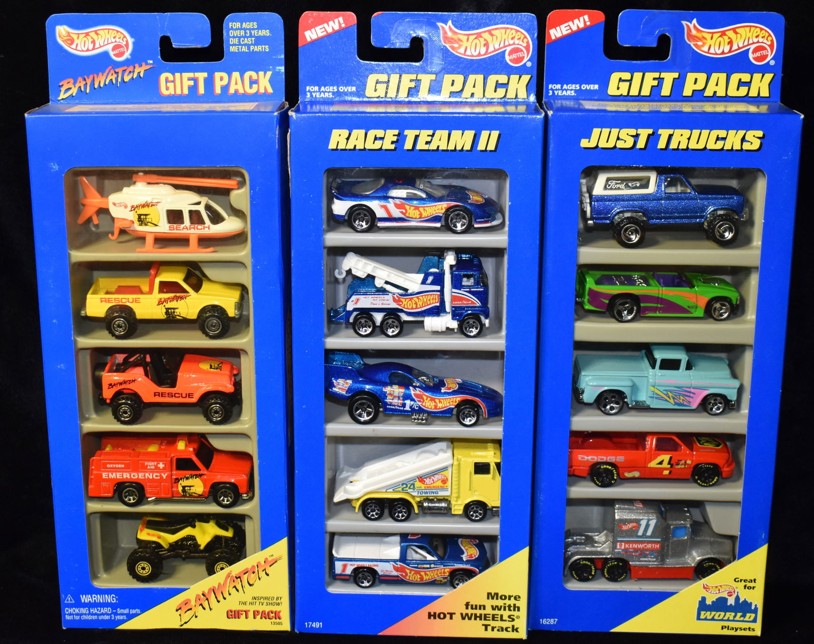 3 Vintage Hot Wheels 5 Car Gift Packs 1996 Race Team II, 1996 Just Trucks & 1994 Baywatch (1 of 3)