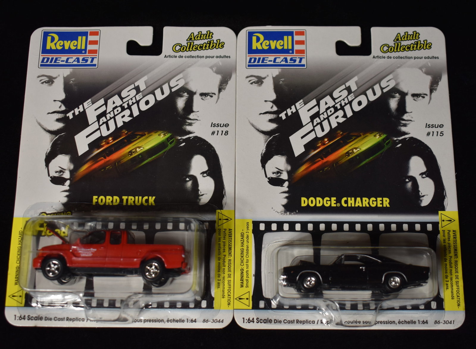 Vintage 2002 Revell Diecast Fast and The Furious 1:64 Dodge Charger #115 & #118: Vintage 2002 Revell Diecast Fast and The Furious 1:64 Dodge Charger #115 & Revell 2002 The Fast And The Furious - Ford Truck 1:64 Scale. Both are new and cards are still in excellent condition.