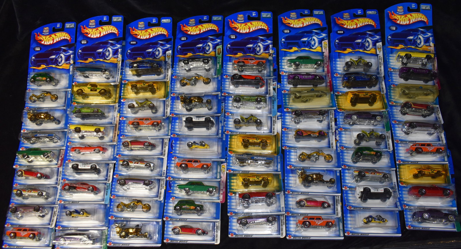 2003 Mattel Hot Wheels Assortment - 72 Cars: Mattel Hot Wheels Assortment contains 72 cars. All cars are brand new and in their original card. We made sure the number of cars was correct and did not search through them. Cars in this lot are from