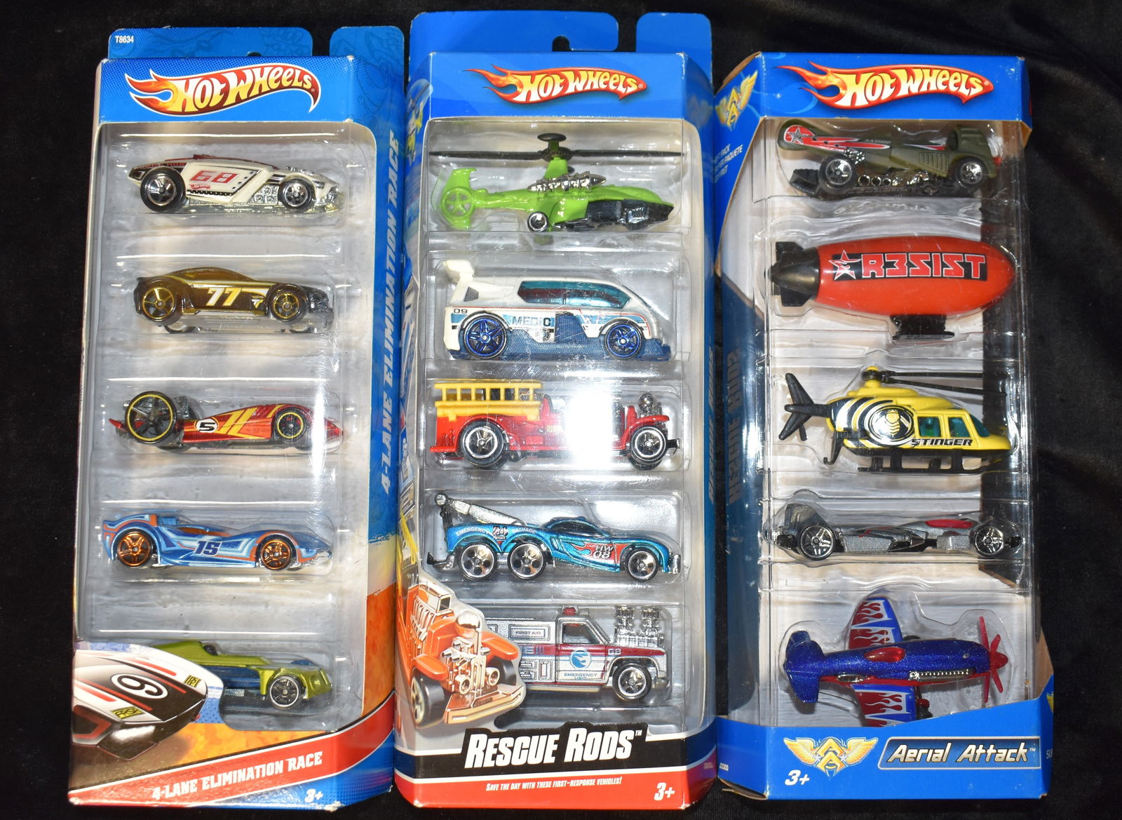3 5 Pack Hot Wheel Sets - 2008 Rescue Rods, 2010 4 Lane Elimination Race & 2006 Aerial Attack (1 of 3)