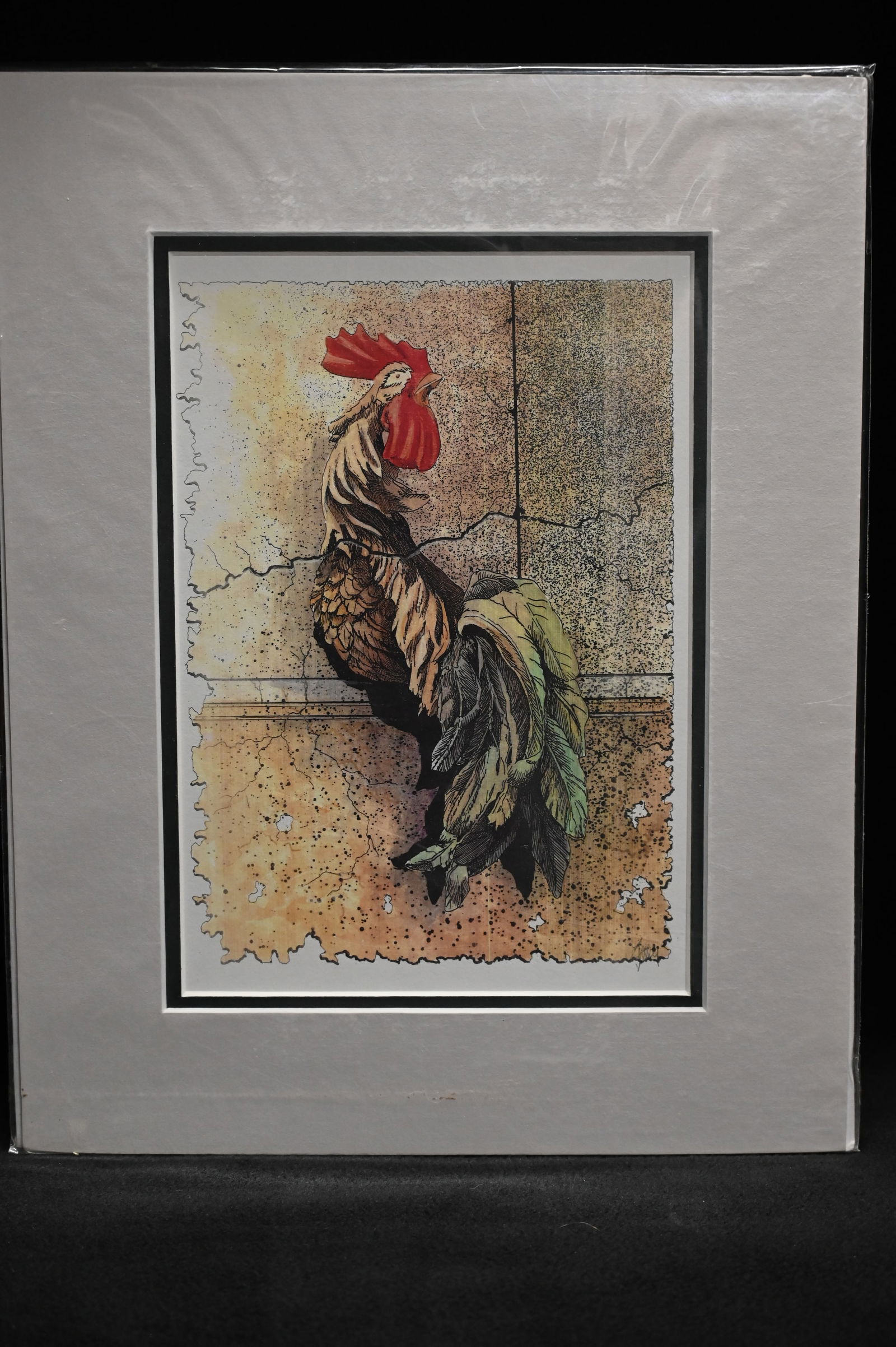 Rooster Stone Art by John Stoeckley 11" x 14" Matted Print "Signed": John Stoeckley Sealed, Signed Print in Extremely detailed Pen, ink, and watercolor. His drawings and paintings, characterized by intricate detail, captured the essence of the human experience. John wa