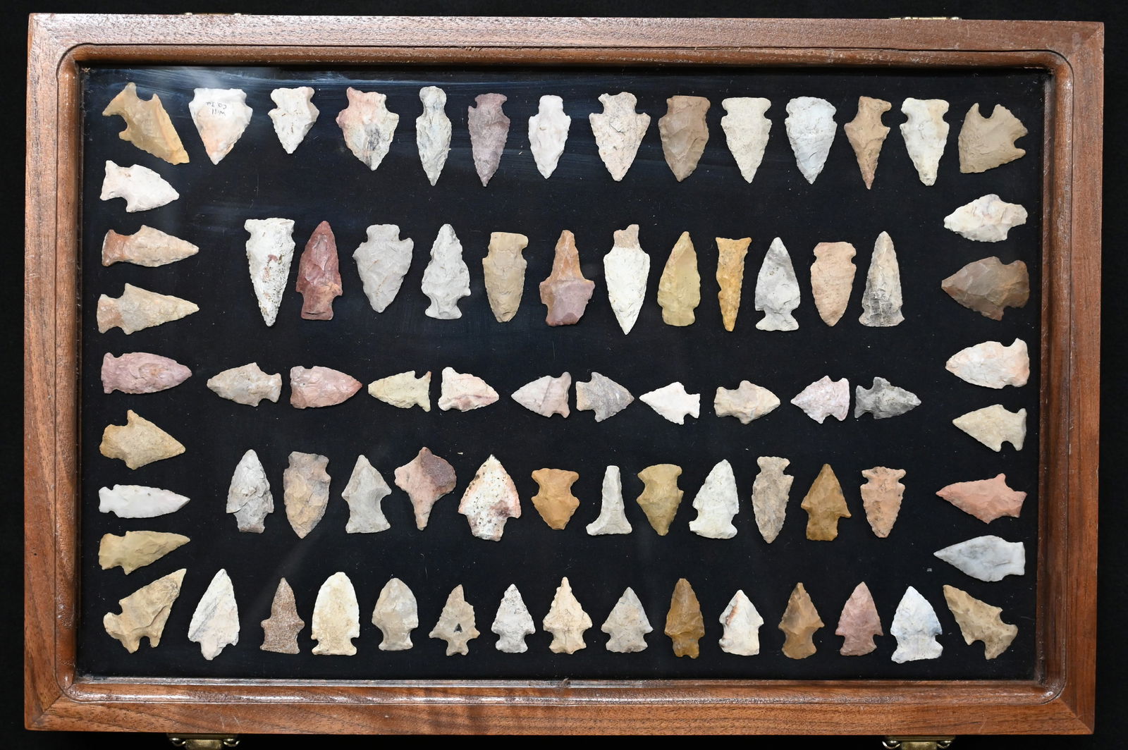 Frame of 75 Arrowheads Found in MO/IL Longest is 2 1/16".  The wood frame is 12" x 18". (1 of 7)