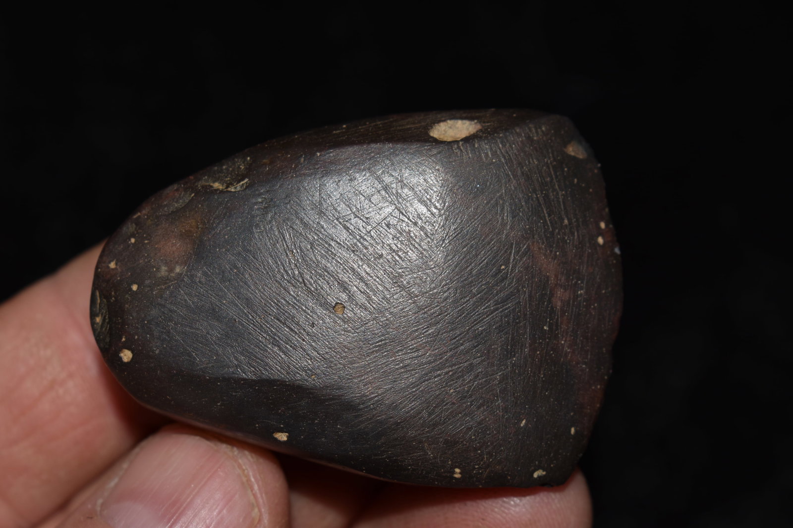 2" Hemitite Celt found in Pettis County, Missouri: 2" Hemitite Celt found in Pettis County, Missouri. Ex George Wolf Collection. Key words: Ancient, Prehistoric Native American Indian Artifacts, Arrowheads, Stone Tools