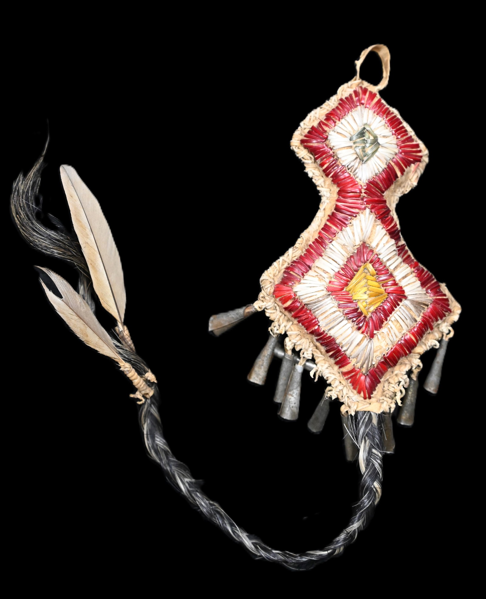 Quilled Leather Native American Fetish with Feather/Horsehair tail and steel cones to make noise.: Quilled Leather Native American Fetish with Feather/Horsehair tail and steel cones to make noise.
