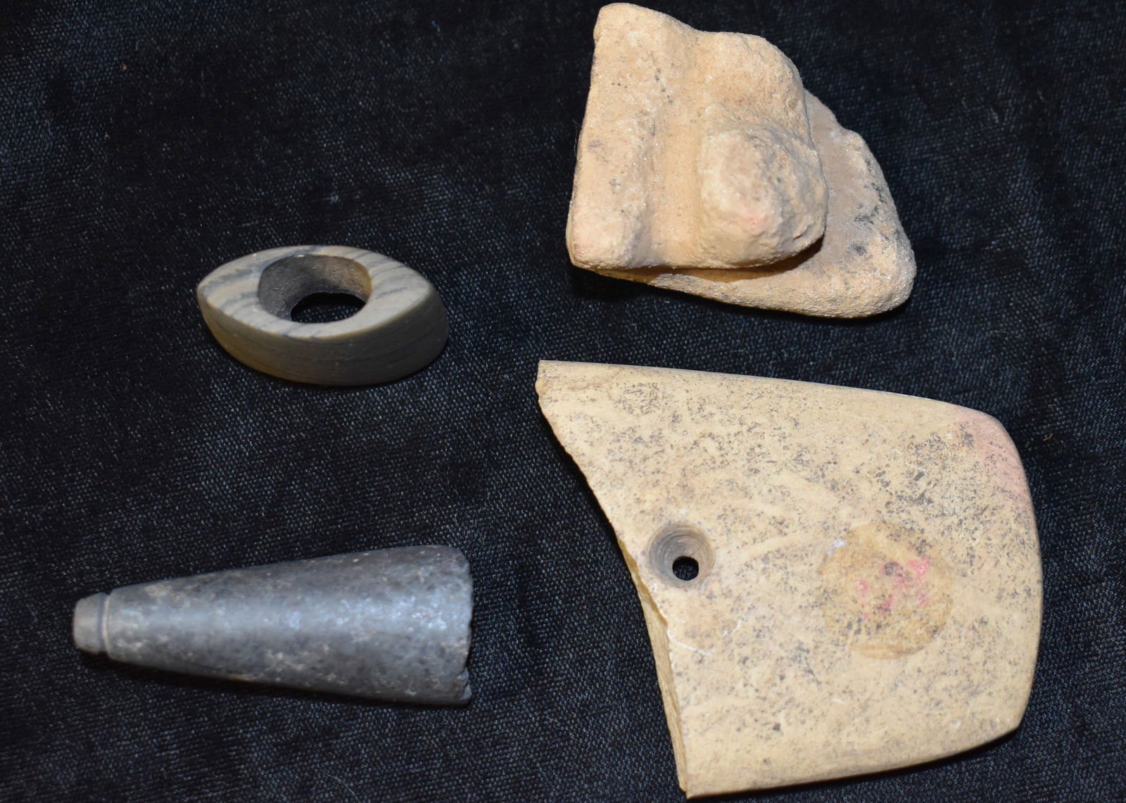 4 Stone Artifact Study Pieces - Slate Bannerstone, Plummet, Gorget and Sandstone Abraider (1 of 8)