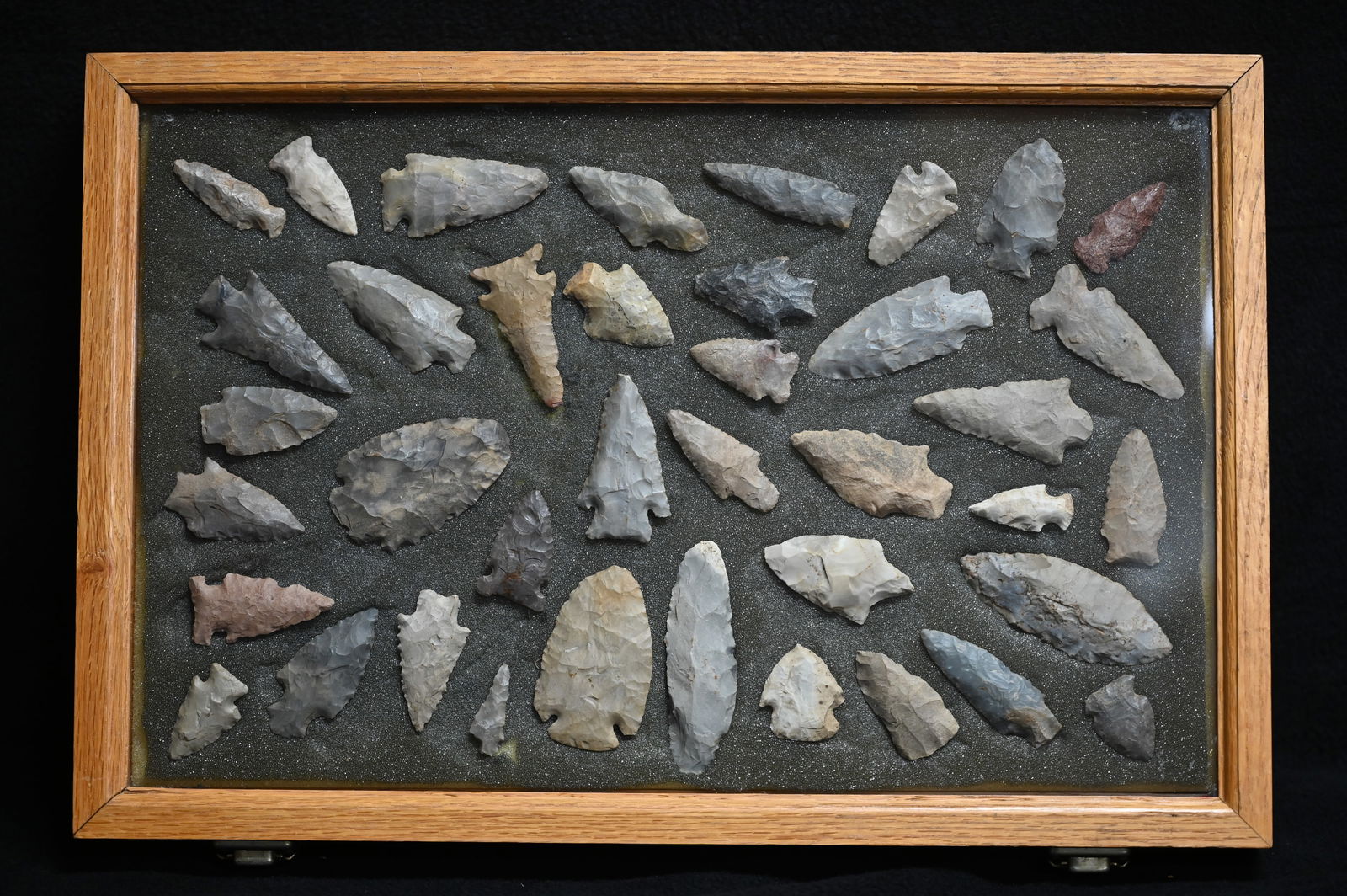 38 Arrowheads in a Oak Display Case Found in Indiana, Kentucky, and Mississippi by Phil Potter. (1 of 7)