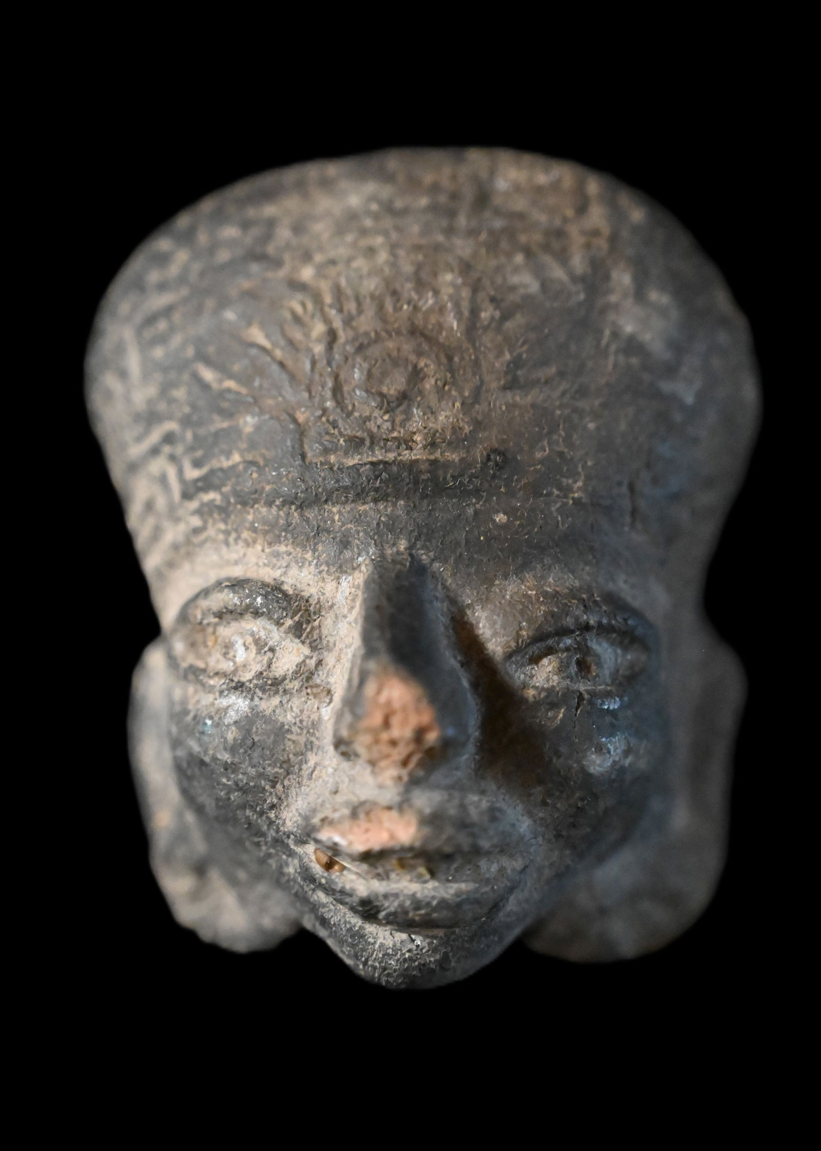 Ancient Pre-Columbian 3" Male Pottery Head w/Head-dress and ear spools. (1 of 7)