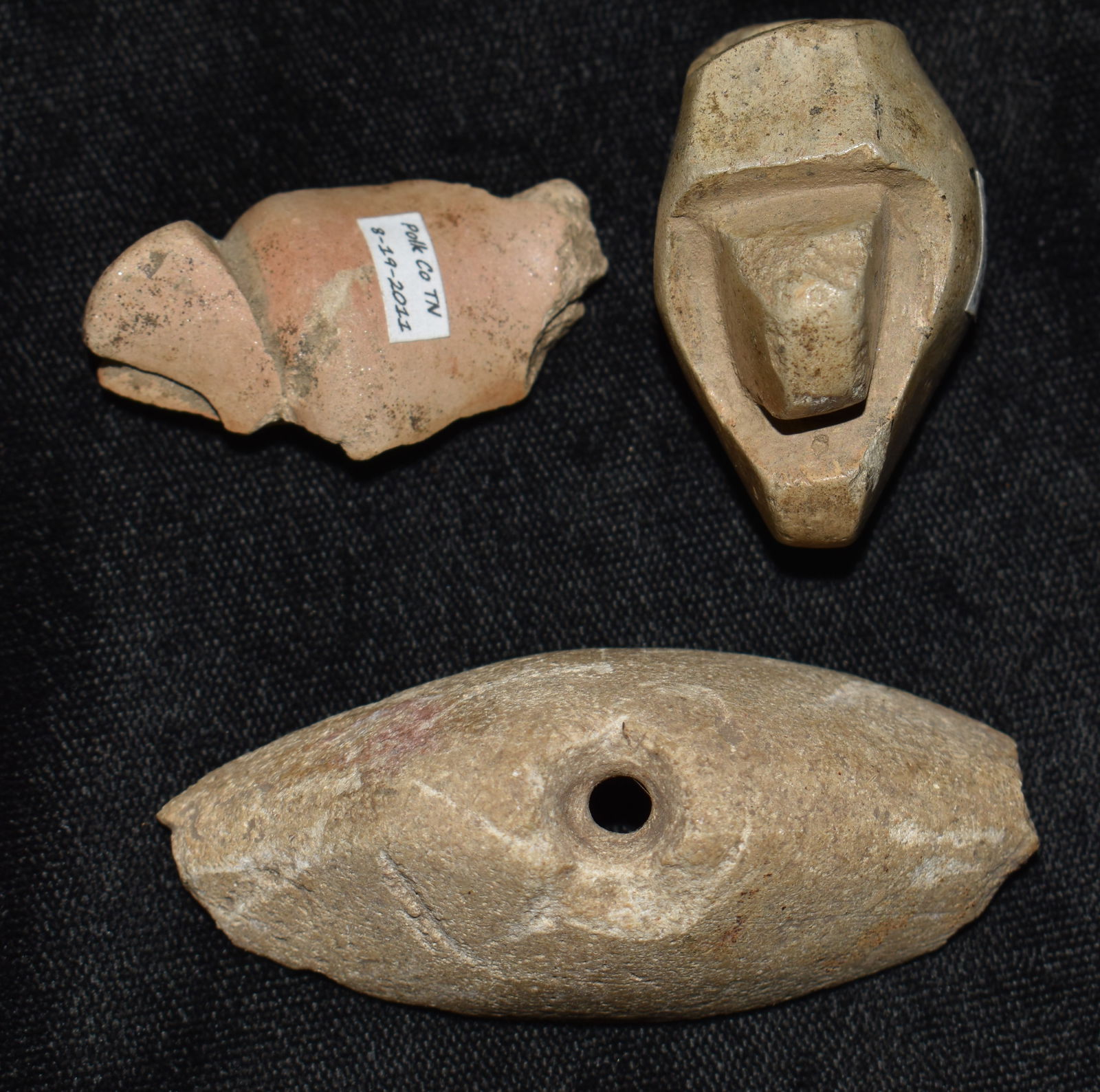 3 Hand Carved Stone or Pottery Pieces from Polk County, TN - 2 Sections of Pipes & a Boatstone (1 of 8)