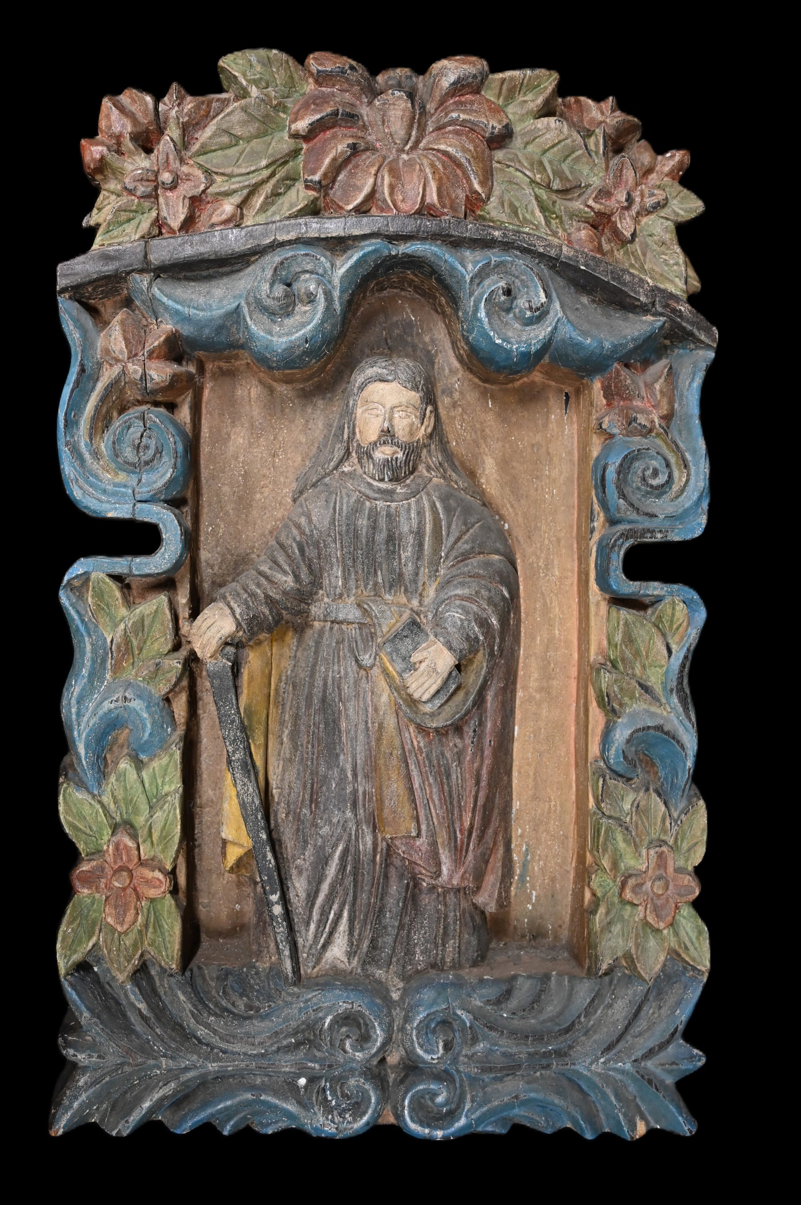 Large Carved Wood Sculpture of Jesus Circa 19th Century.: Hand Carved 28" x 17" x 2 1/2" Thick Sculpted out of a single large piece of wood. Crafted with meticulous attention to detail, this sculpture showcases the rich tradition of Filipino religious art.