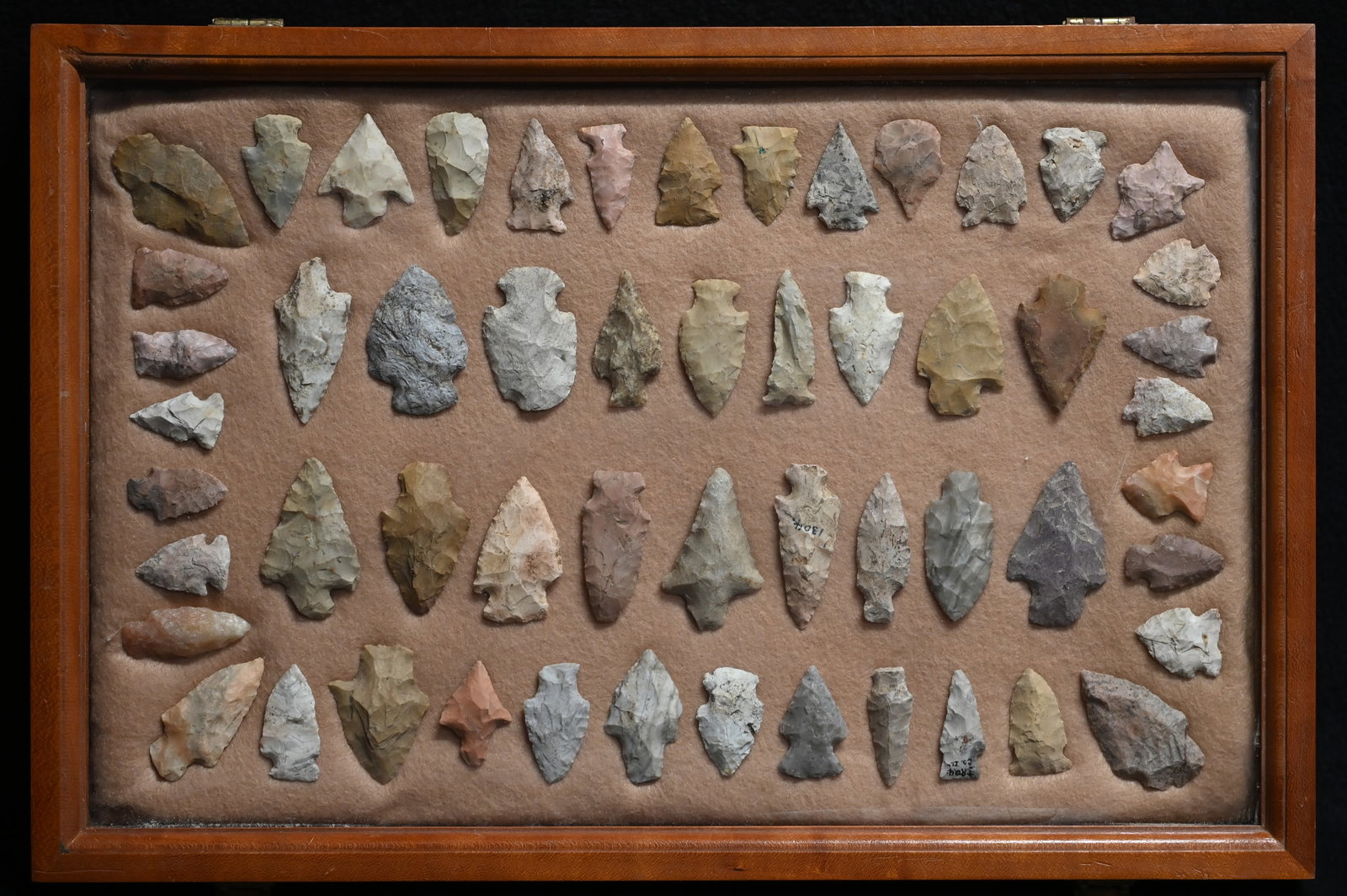 55 Arrowheads in a Cherry Display Case Found in the Midwest.  Longest arrowhead is 2 1/2".  Display (1 of 6)