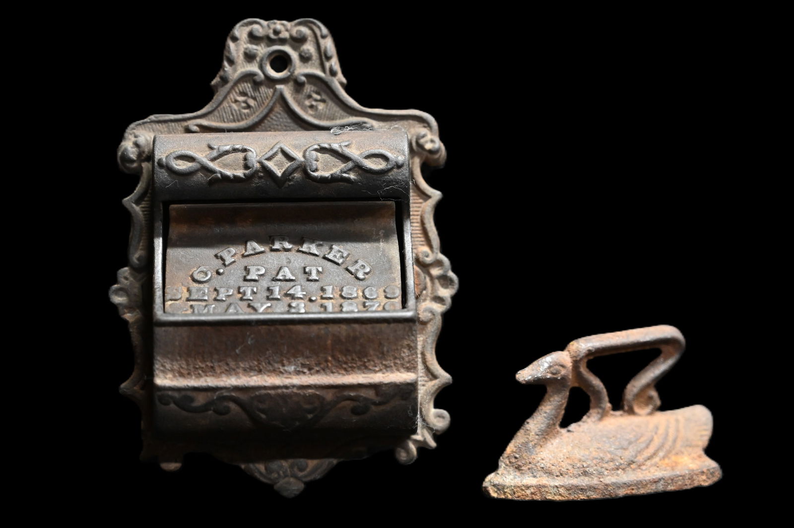 Cast Iron Matchbox Holder and Swann Iron. (1 of 6)