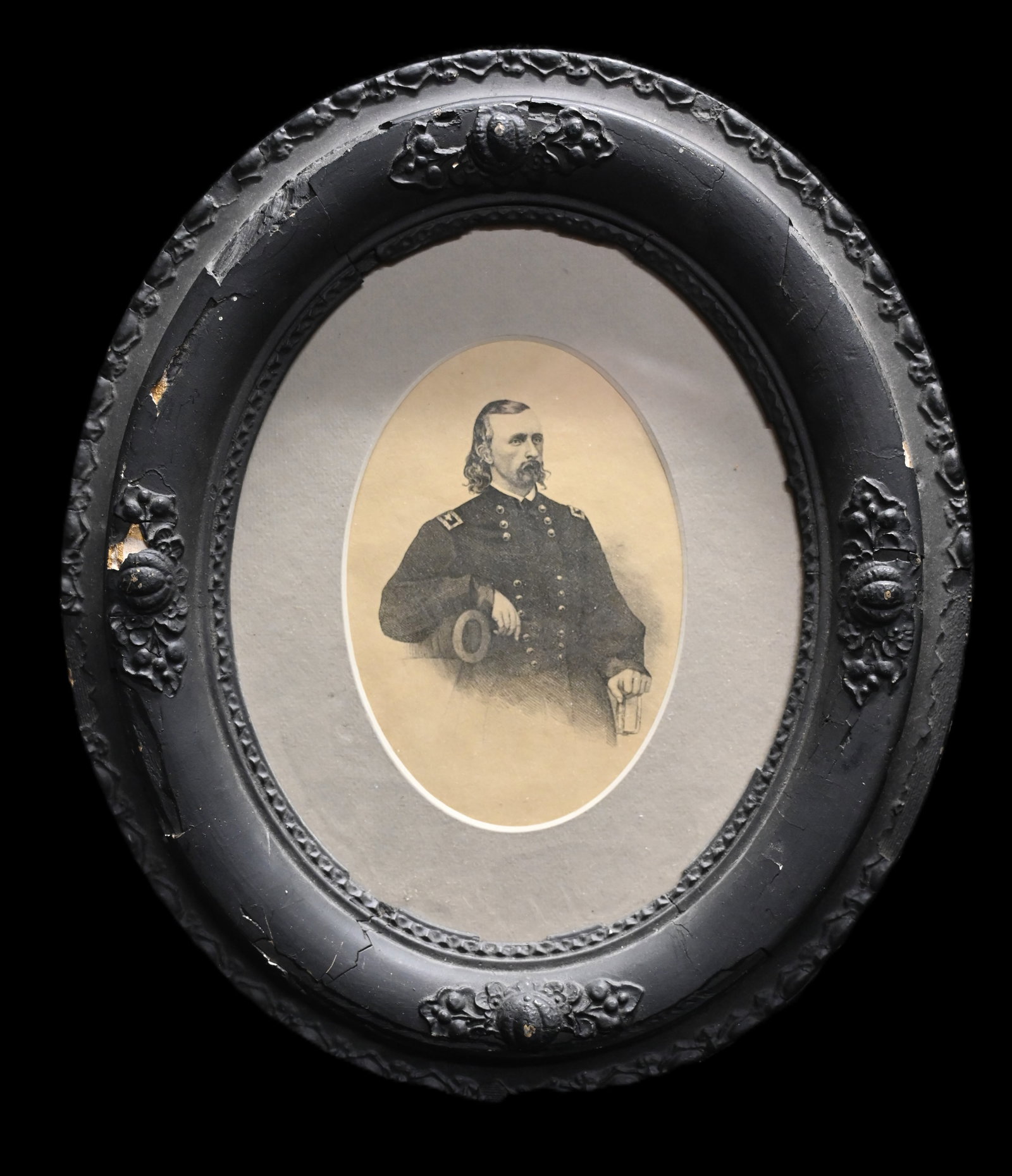 Vintage Framed General Custer Wood Block Print in a 12"x 14" Oval Frame. (1 of 5)