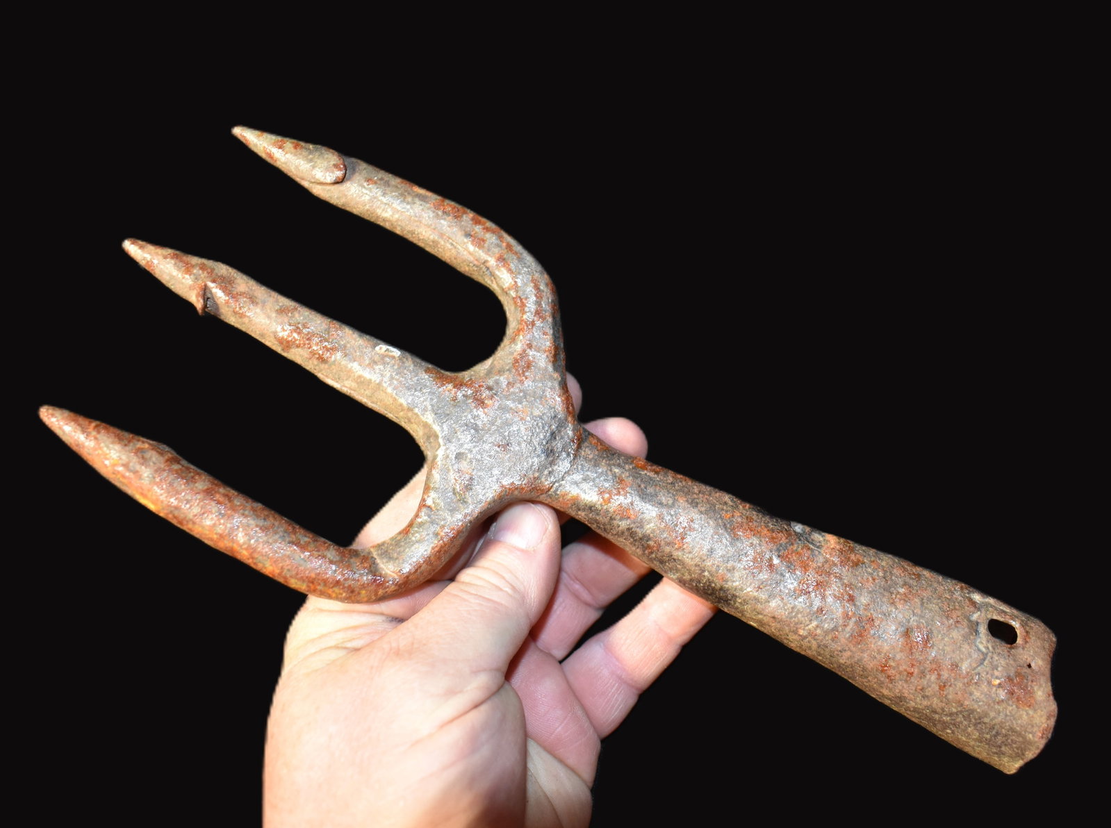 10 3/4" Hand Forged 19th to Early 20th Century Trident - Ozarks Fish Gig: Hand Forged 19th Century Trident - Ozarks Fish Gig. Fish gigging is a tradition in Missouri, especially in the Ozark region. An antique fish gig from Missouri would typically be a three or four prong 