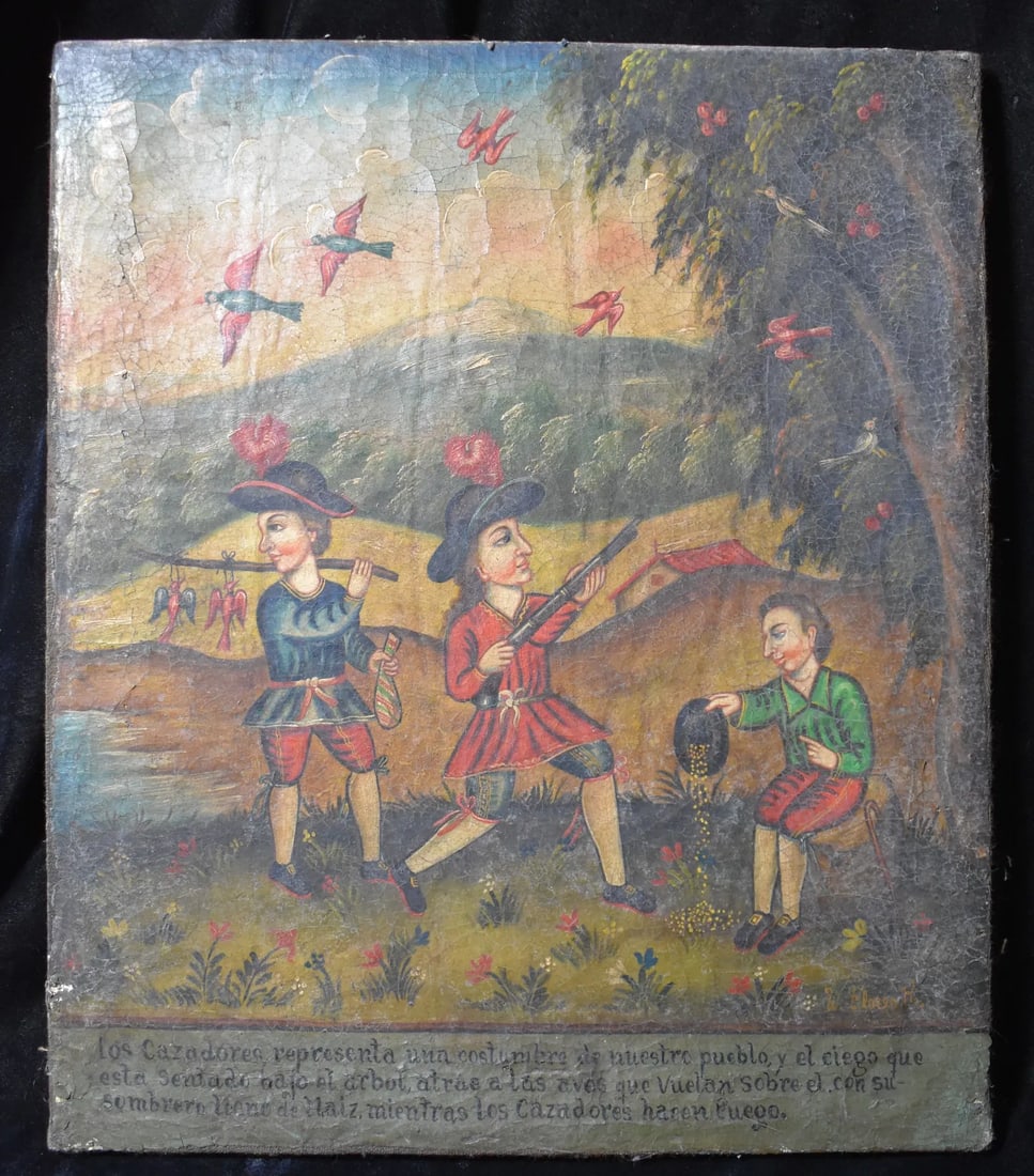 16th Century Cusco Painting "Early Europeans Hunting in Peru" on Hemp Canvas: 16th Century Cusco Painting "Early Europeans Hunting in Peru". Signed by the artist W. Florez R.. The writing on the bottom of the painting reads " The Hunters represent a custom of our people and the