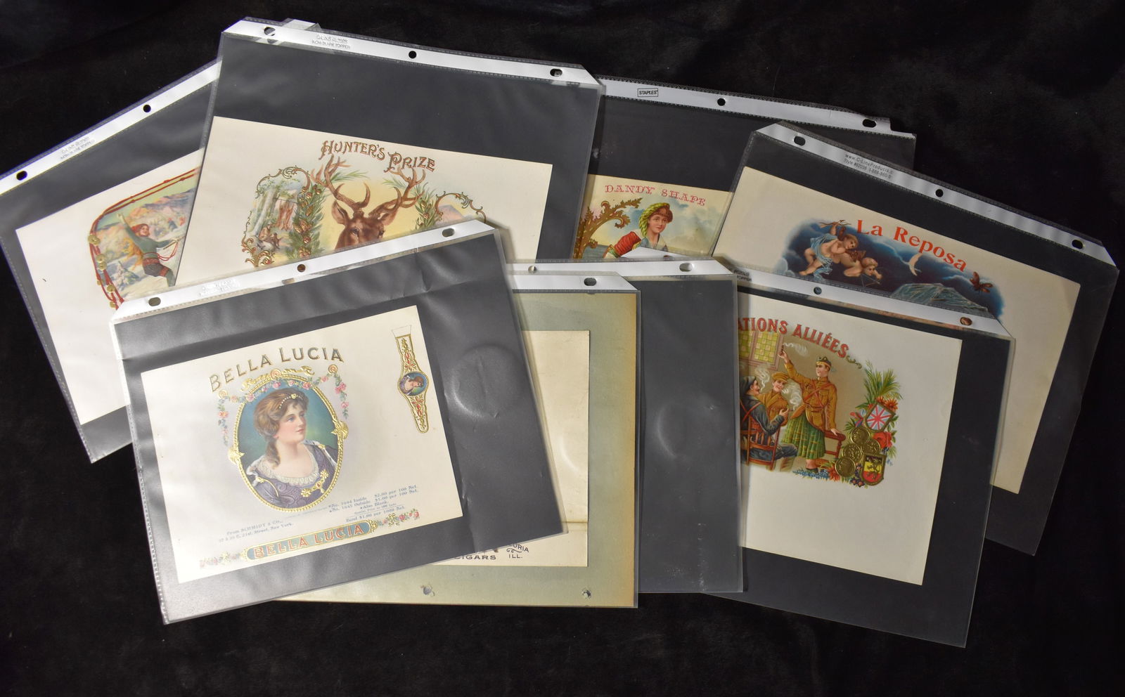 Collection of 8 Cigar Box Labels - Emerson, Bella Lucia, Hunter's Prize, Dandy Shape, Nations: Emerson, Bella Lucia, Hunter's Prize, Dandy Shape, Nations Alliees, La Reposa and a couple others. Watch the ruler for sizes. Conditions vary from very good to having a few faults.