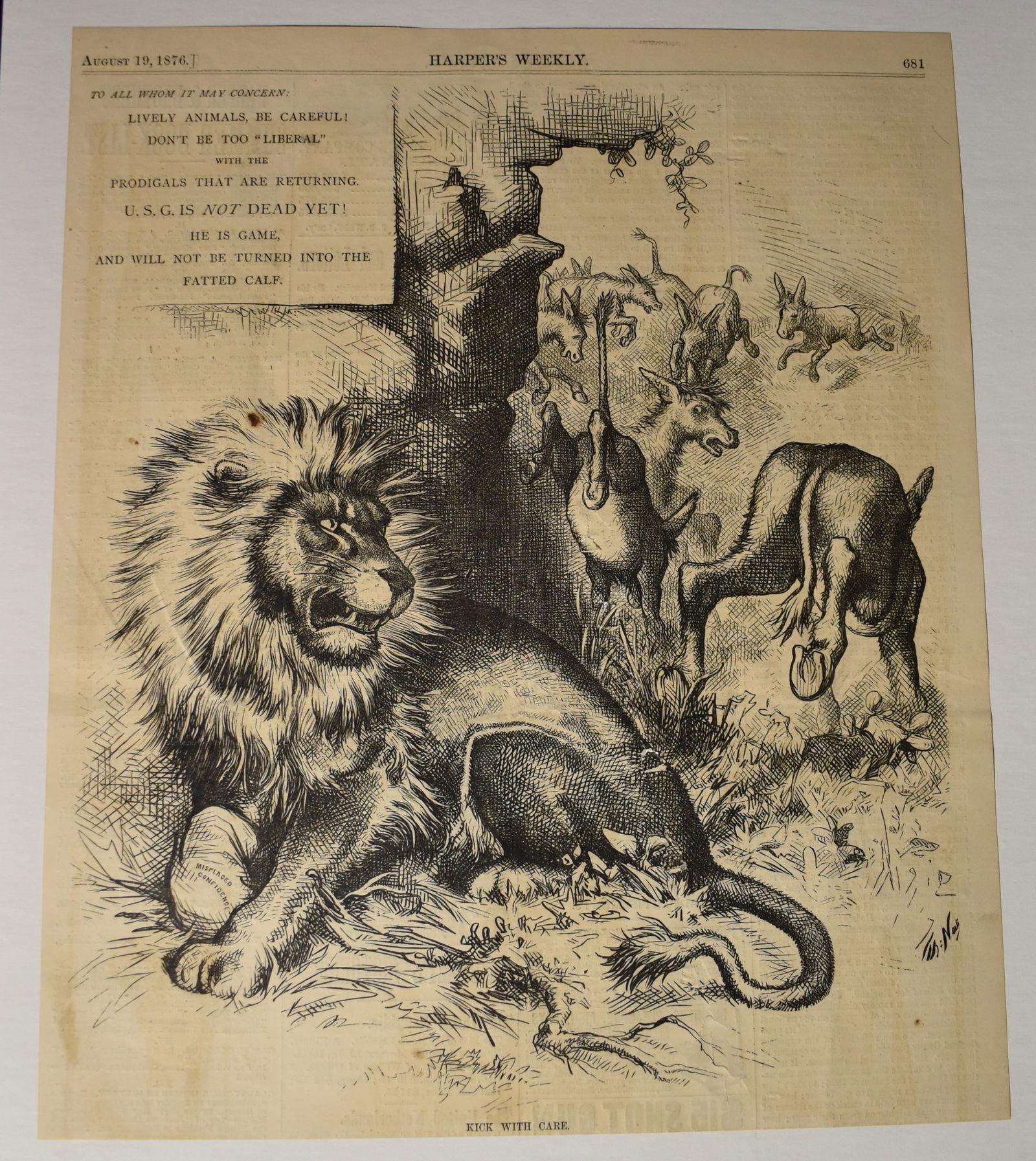 1876 Thomas Nast Harper's Weekly Lithograph - "Lively Animals be Careful!": 1876 Thomas Nast Harper's Weekly Lithograph - "Lively Animals be Careful!". Original lithograph from Harper's Weekly published in New York 1876. Excellent condition for its age this is a very frame wo