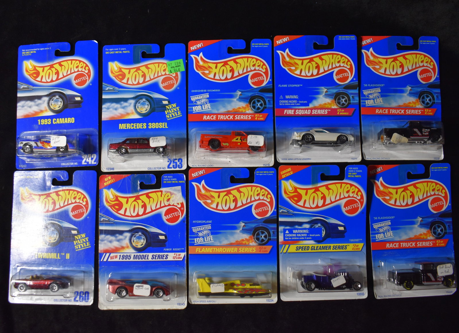 10 Vintage Hot Wheels w/ Faults or Special Cars - Early to mid 1990's: 10 Vintage Hot Wheels w/ Faults or Special Cars - Early to mid 1990's. Collector payed close attention to his hot wheels placing notes on cars that he considered flawed or incorrect in their packages.