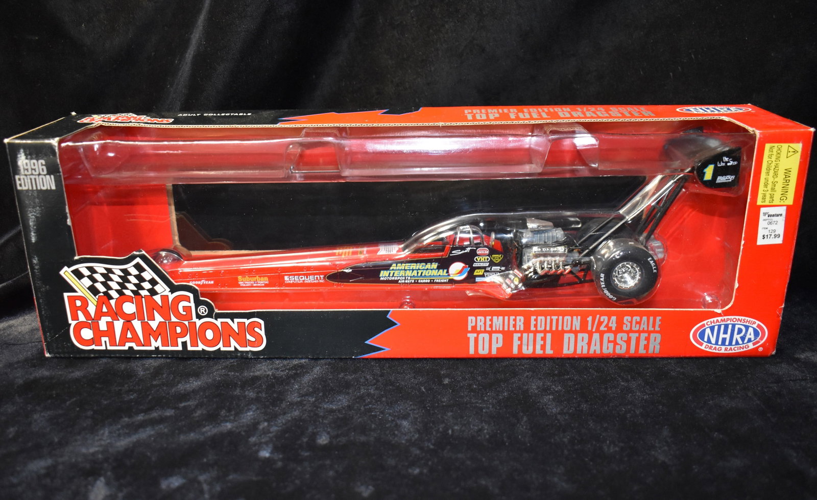 1996 American International Top Fuel Dragster 1:24 Scale Diecast Car. NHRA RACING CHAMPIONS: 1996 American International Top Fuel Dragster 1:24 Scale Diecast Car. NHRA RACING CHAMPIONS. New old stock. NIB