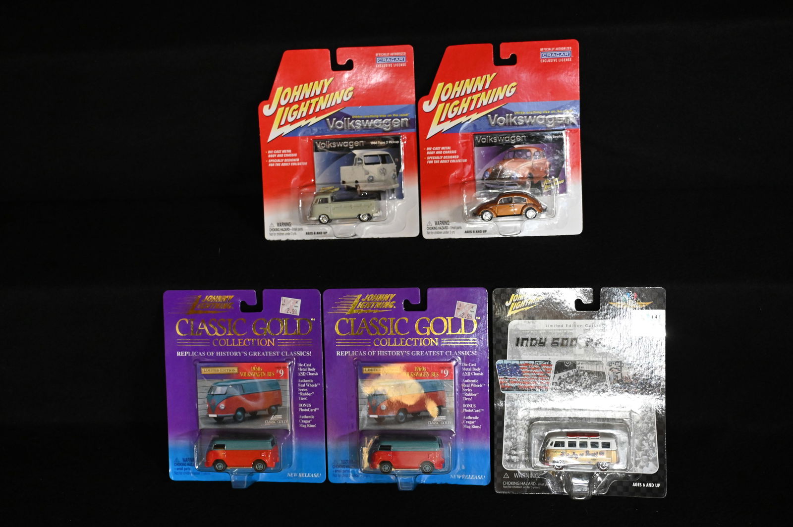 5 Johnny Lightning Volkswagon Buses, Pickup and Bug 1999-2002 includes Indy 500 Fan Bus, Classic (1 of 4)